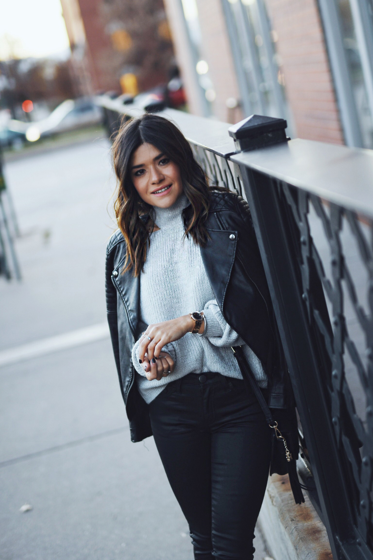 Carolina Hellal of Chic Talk wearing a Nordstrom sweater, Current Elliot jeans, Sam Edelman boots and Rebecca Minkoff bag