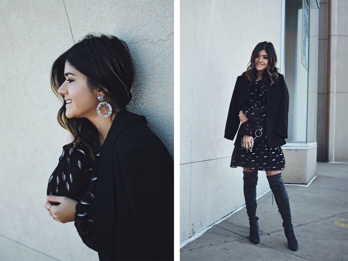 Carolina Hellal of Chic Talk wearing a Parker NY shelly dress, Public Desire over the knee boots and Bauble Bar earrings
