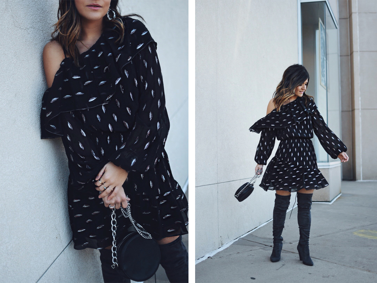 Carolina Hellal of Chic Talk wearing a Parker NY shelly dress, Public Desire over the knee boots and Bauble Bar earrings