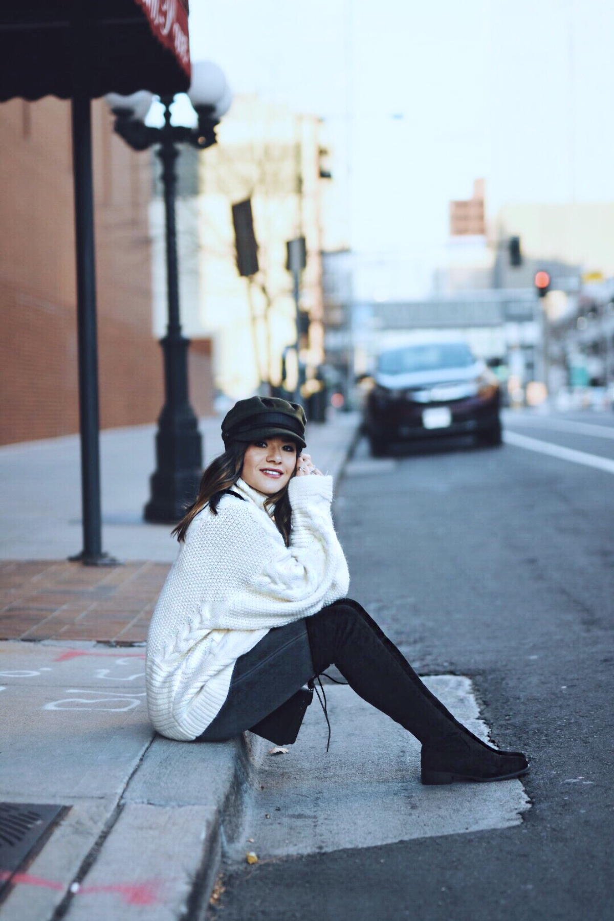 Carolina Hellal wearing a Shein cable knit sweater, madewell jeans, public Desire boots and asos hat