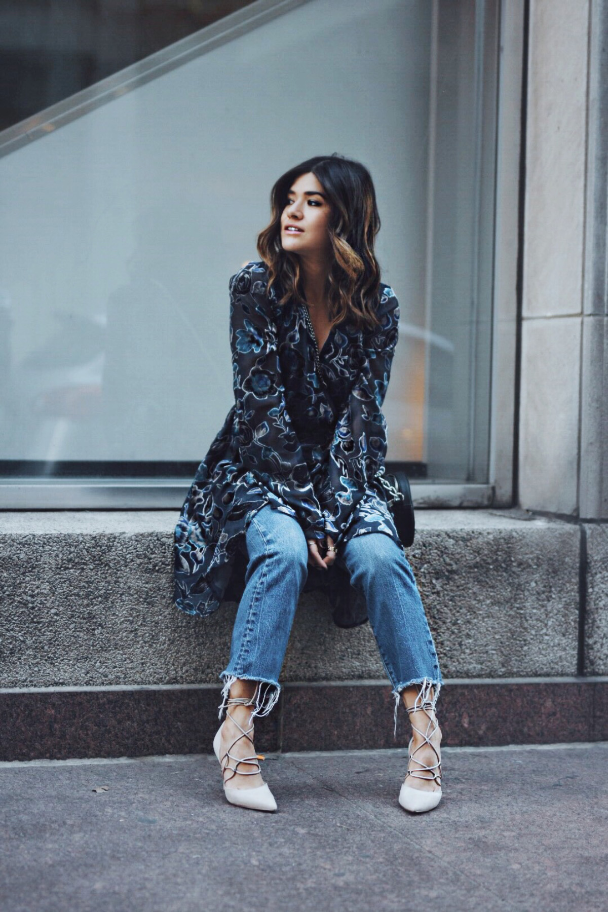 Carolina Hellal of Chic Talk wearing Band of Gypsies velvet dress, levi's straight jeans and Nine West pumps