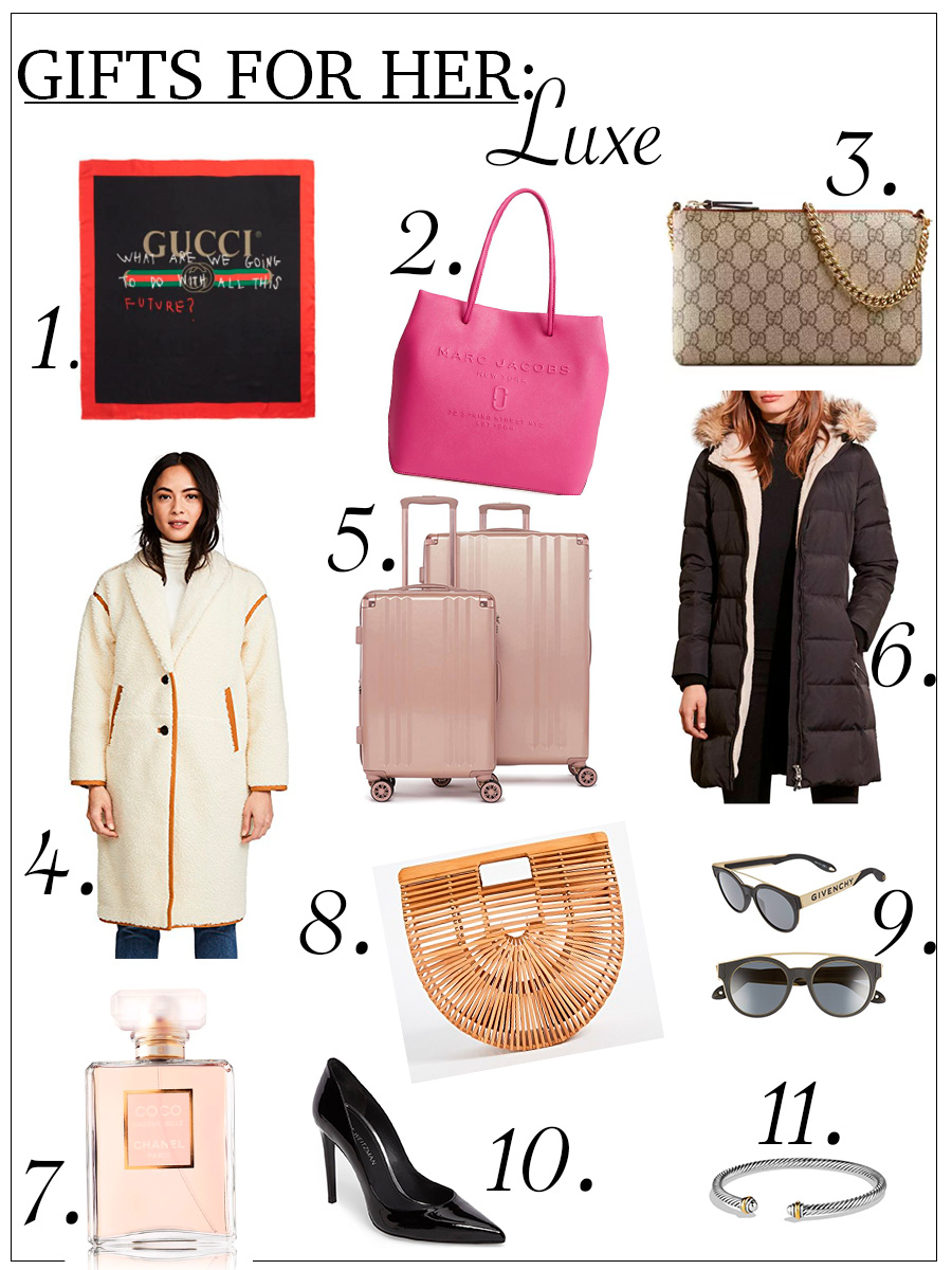 This is a collage with pictures that features luxe gift ideas for her for the holidays.