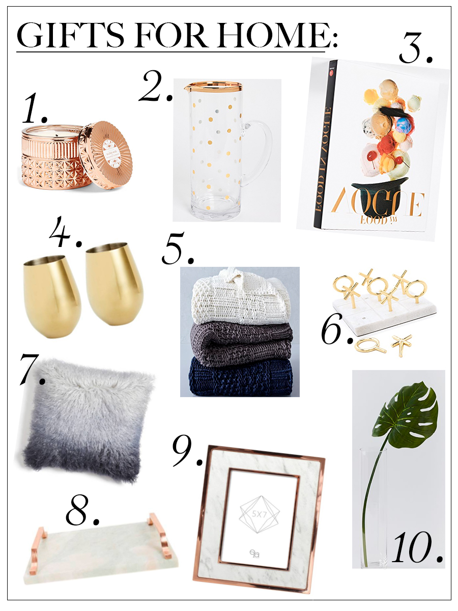 Collage of 10 Home decor gift ideas for the Holidays from Shopbop, Nordstrom and more.