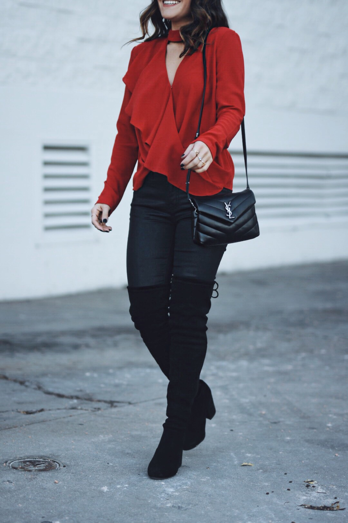 Carolina Hellal of Chic Talk wearing B.P red top, Current Elliot waxed jeans, Shein coat and YSL crossbody bag. 