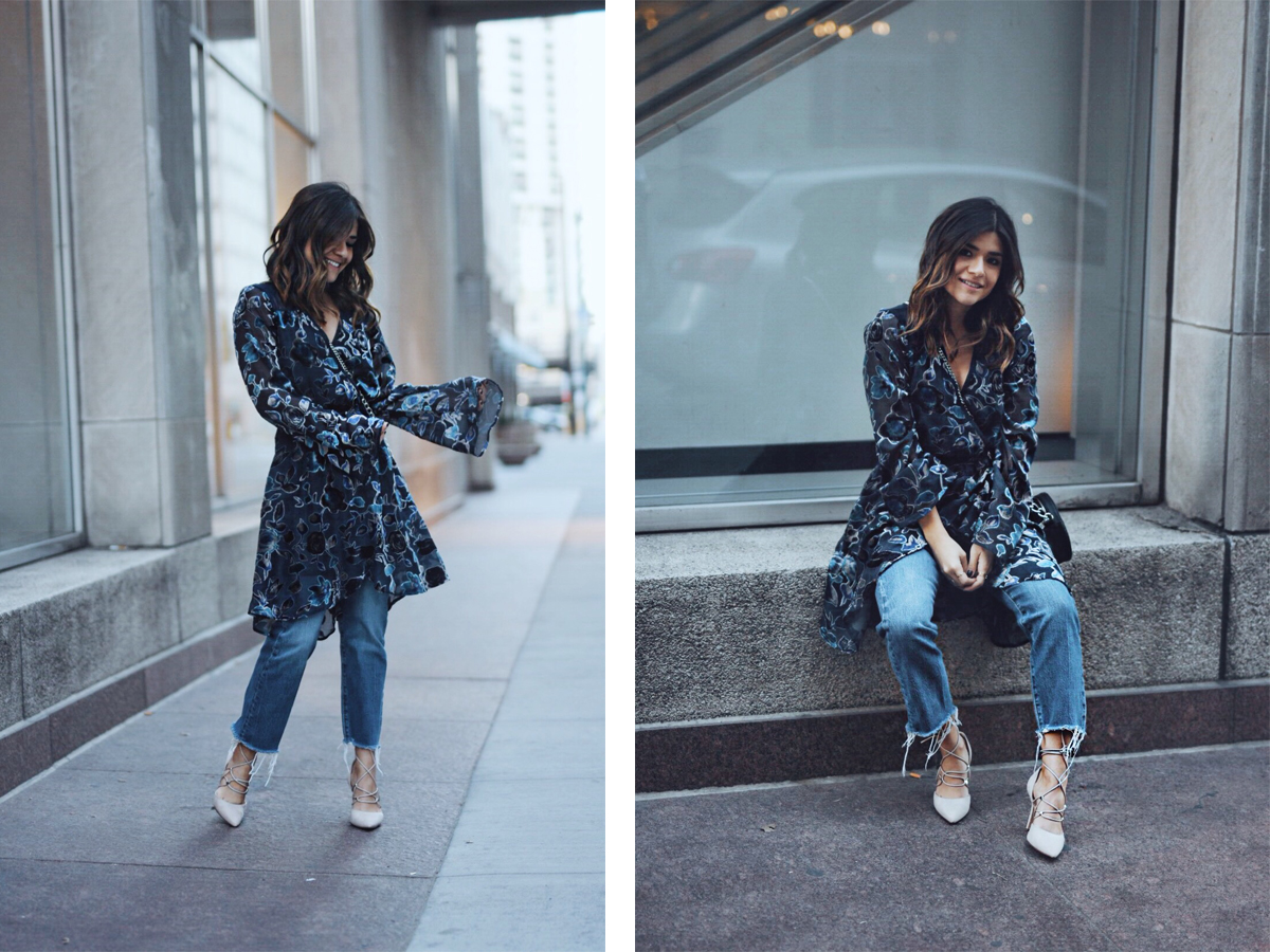 Carolina Hellal of Chic Talk wearing Band of Gypsies velvet dress, levi's straight jeans and Nine West pumps