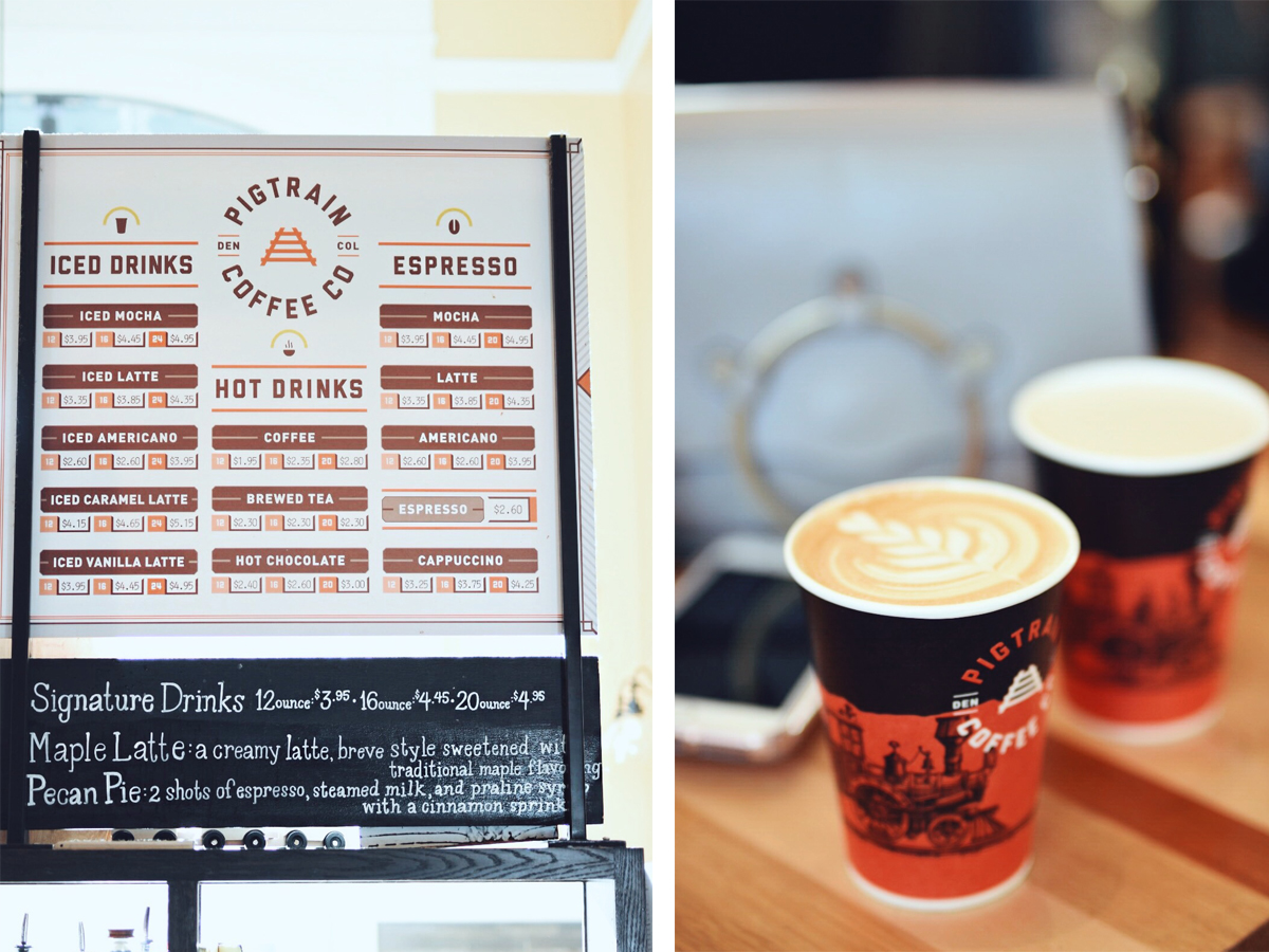 A drink menu and a cup of coffee from PigTrain Coffee in Denver