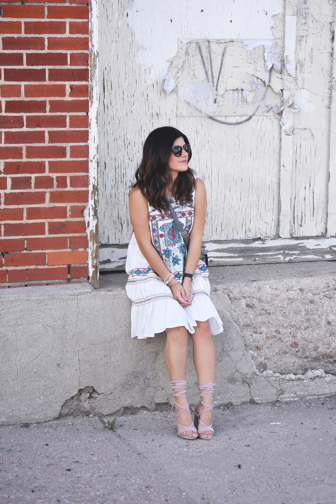 Carolina Hellal of Chic Talk wearing a Chicwish white summer dress with Public Desire lace up sandals - BOHO EMBROIDERED SUMMER DRESS by popular Denver fashion blogger Chic Talk