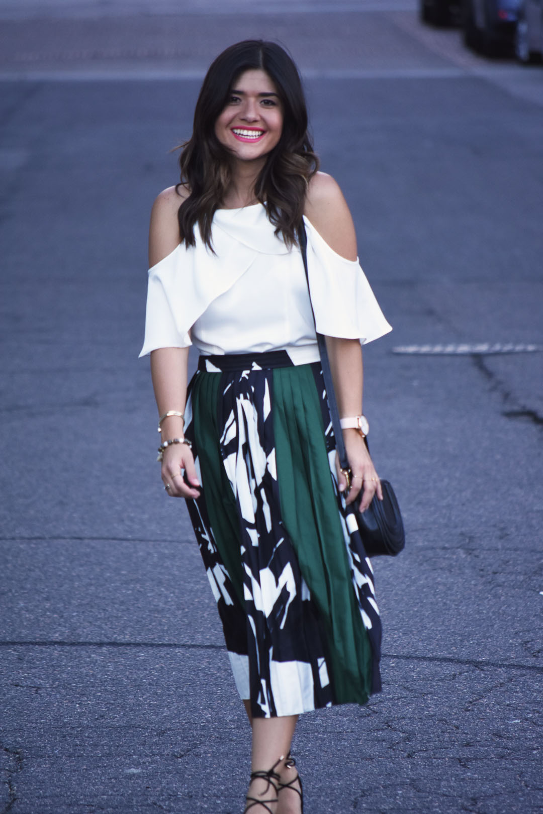 Chicwish cold shoulder white top and pleated midi skirt - PLEATED MIDI SKIRT AND COLD SHOULDER TOP by popular Denver fashion blogger Chic Talk