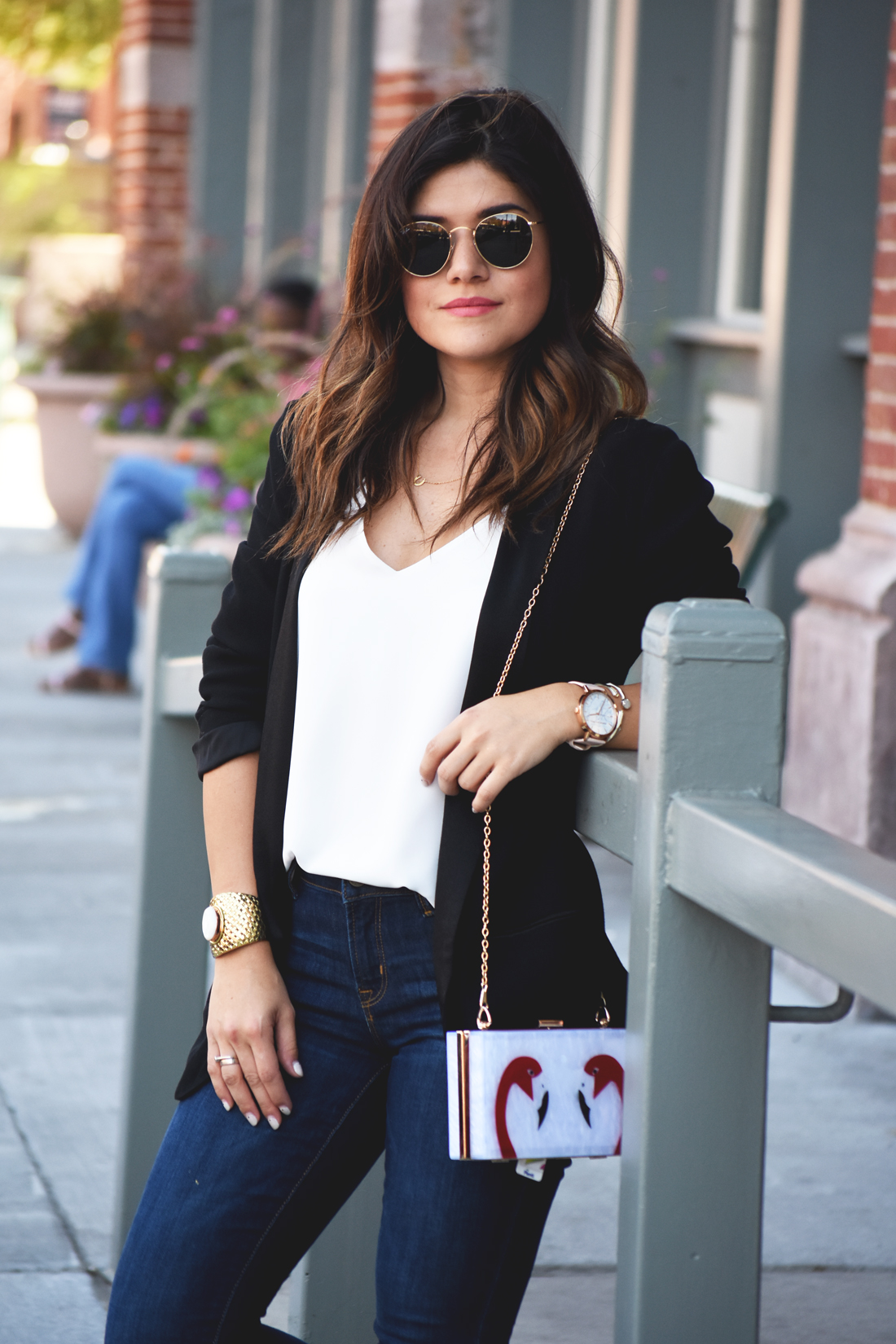 Carolina Hellal of Chic Talk wearing Rayban Rounded sunglasses, an H&M black blazer, a white Topshop top, and Old Navy jeans. - MY GO-TO CASUAL OUTFIT by popular Denver fashion blogger Chic Talk