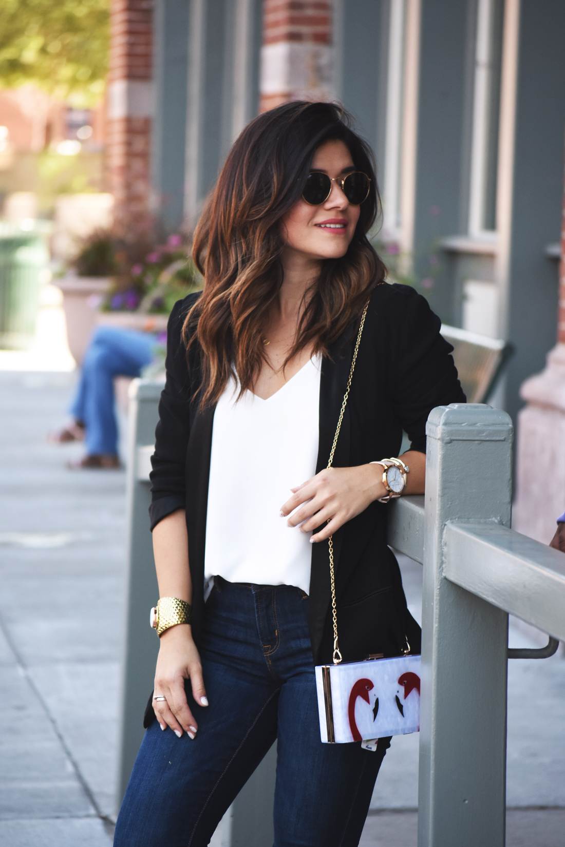 Carolina Hellal of Chic Talk wearing Rayban Rounded sunglasses, an H&M black blazer, a white Topshop top, Public Desire black sandals, and Old Navy jeans. - MY GO-TO CASUAL OUTFIT by popular Denver fashion blogger Chic Talk