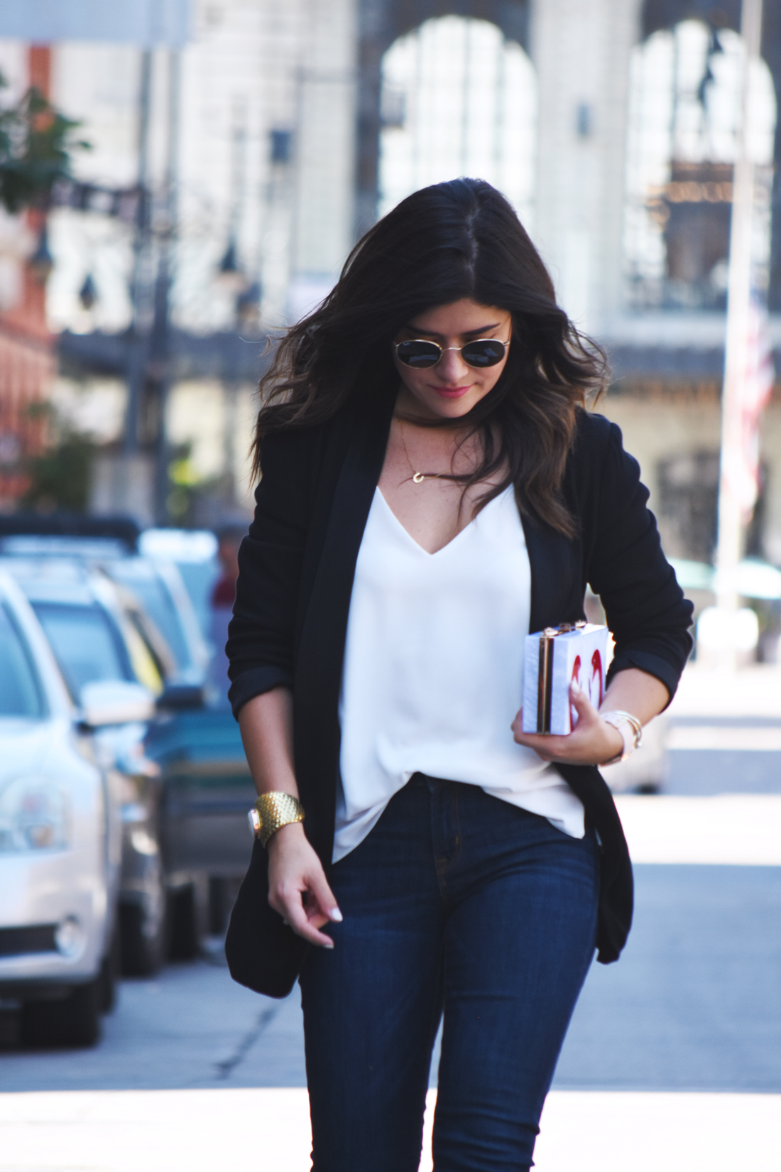 Carolina Hellal of Chic Talk wearing Rayban Rounded sunglasses, an H&M black blazer, a white Topshop top, Public Desire black sandals, and Old Navy jeans. - MY GO-TO CASUAL OUTFIT by popular Denver fashion blogger Chic Talk