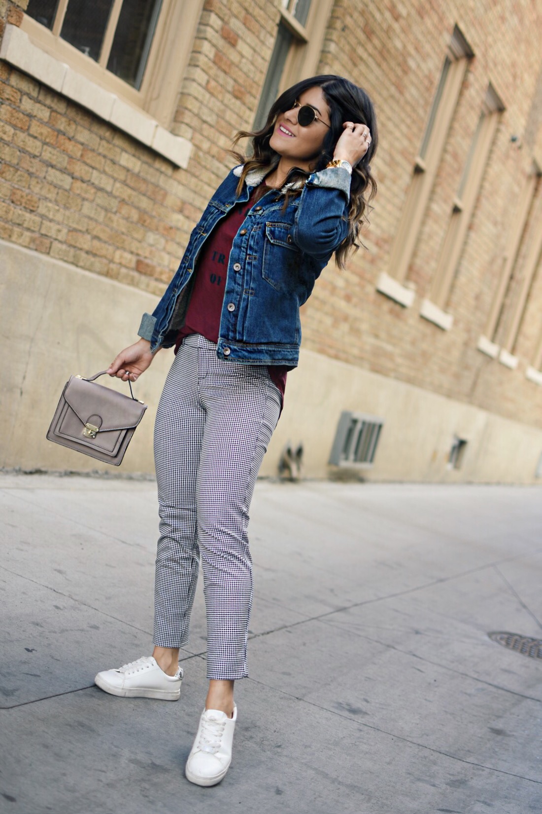 Carolina Hellal of Chic Talk wearing an Old navy burgundy T, denim jacket, printed pinxie pants, and Rayban rounded sunglasses - OLD NAVY TEE COLLECTION by popular Denver fashion blogger Chic Talk