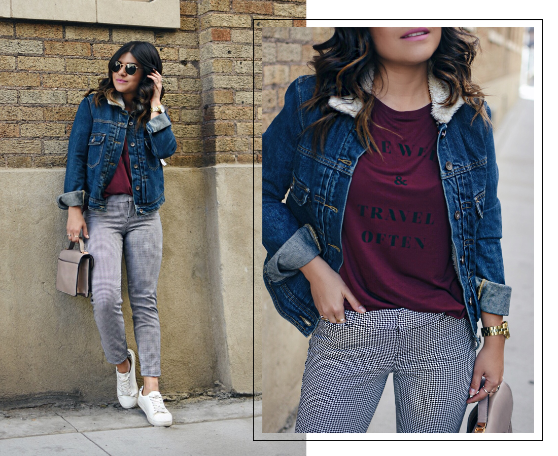 Carolina Hellal of Chic Talk wearing an Old navy burgundy T, denim jacket, printed pinxie pants, and Rayban rounded sunglasses - OLD NAVY TEE COLLECTION by popular Denver fashion blogger Chic Talk