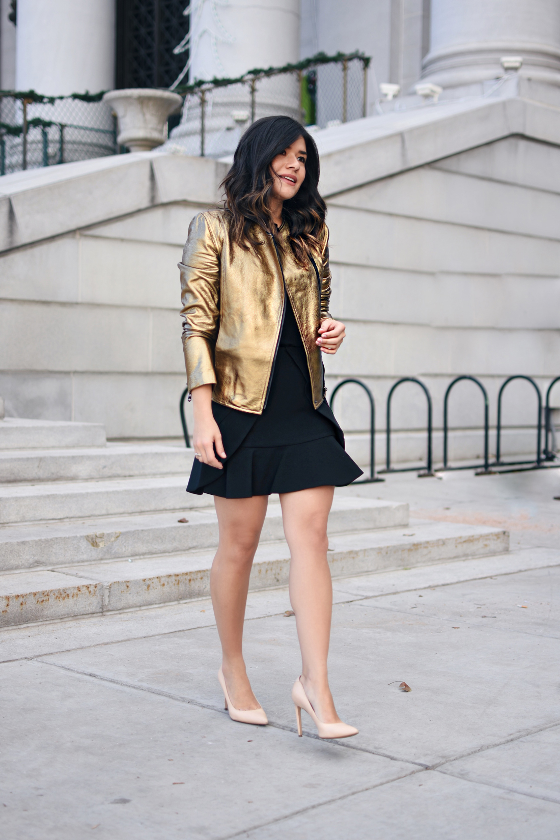 Carolina Hellal of Chic Talk wearing a gold faux leather jacket via Thacker NY - THACKER NY Clothing by popular Denver fashion blogger Chic Talk