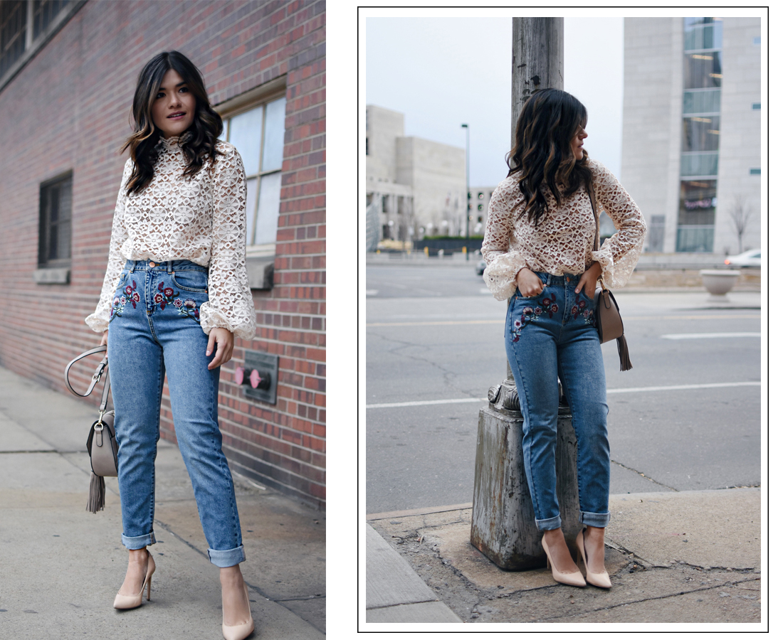 Carolina Hellal of Chic Talk wearing mom jeans, lace top, Sam Edelman nude pumps and a Moda Luxe nude bag - 5 TIPS ON HOW TO WEAR MOM JEANS by popular Denver fashion blogger Chic Talk