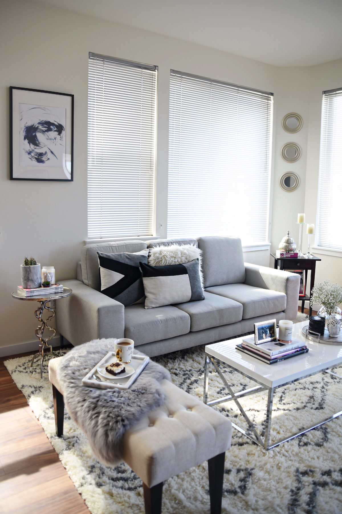 Living room decoration ideas featuring product from Article. The Taza rug, Velu pillows and Lanna throw - CONTEMPORARY HOME DECOR WITH ARTICLE by popular Denver fashion blogger Chic Talk