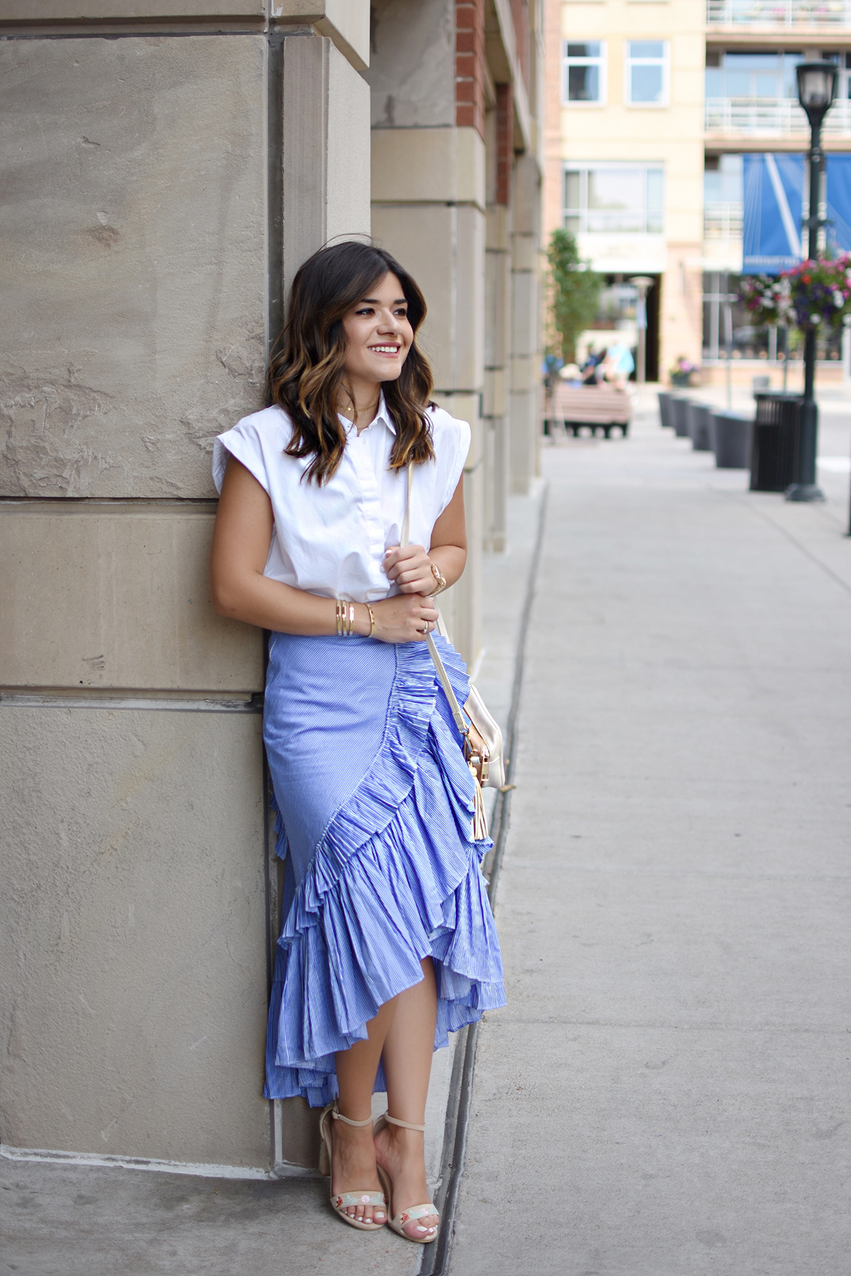 Carolina Hellal of Chic Talk wearing a Chicwish Maxi Skirt, Topshop white button down and Public Desire sandals - RUFFLE MAXI SKIRT styled by popular Denver fashion blogger Chic Talk