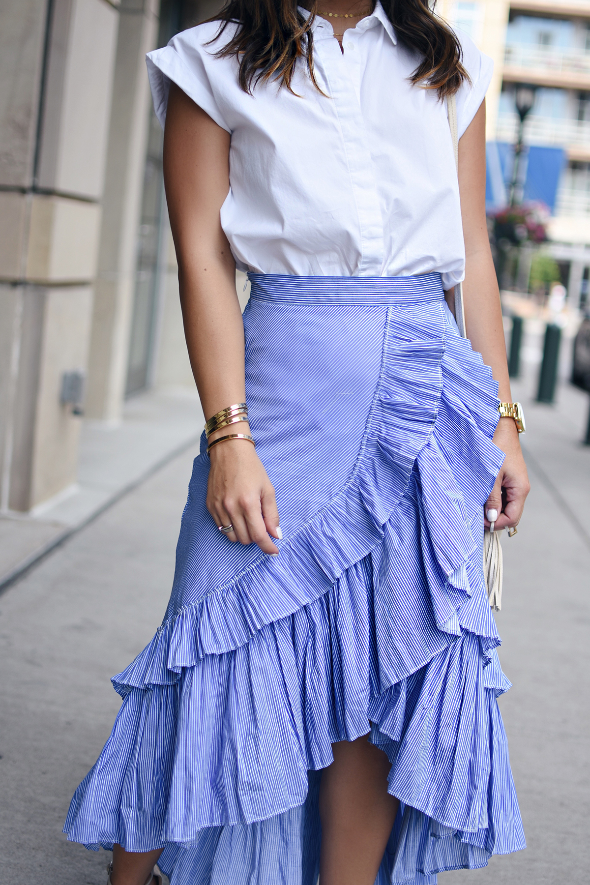 Carolina Hellal of Chic Talk wearing a Chicwish Maxi Skirt, Topshop white button down and Public Desire sandals - RUFFLE MAXI SKIRT styled by popular Denver fashion blogger Chic Talk