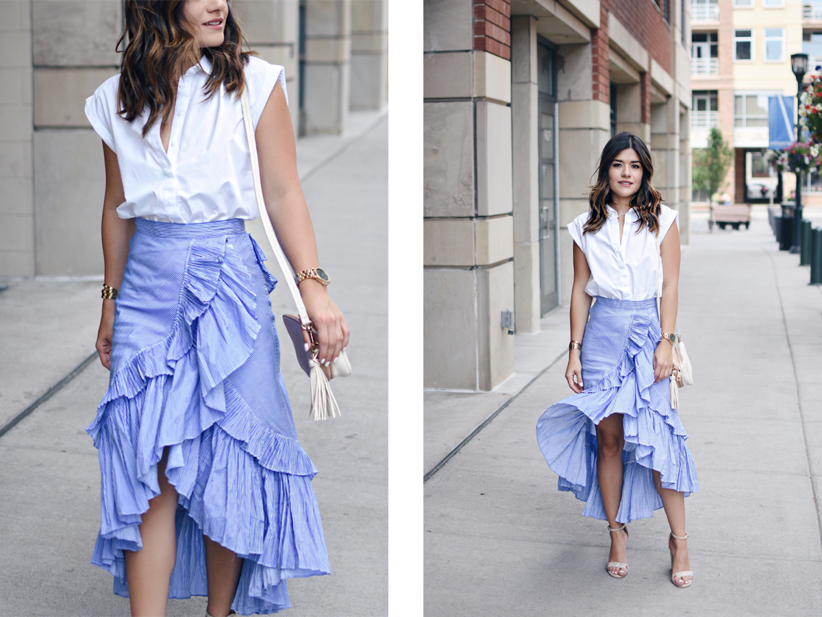 Carolina Hellal of Chic Talk wearing a Chicwish Maxi Skirt, Topshop white button down and Public Desire sandals - RUFFLE MAXI SKIRT styled by popular Denver fashion blogger Chic Talk