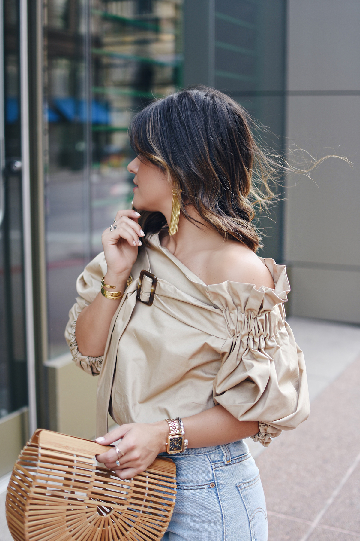 Carolina Hellal of Chic Talk wearing a Style Mafia beige belted top, 501 levis , cultagaia ark bag and steve madden strap sandals - BEIGE BELTED BLOUSE style by popular Denver fashion blogger Chic Talk