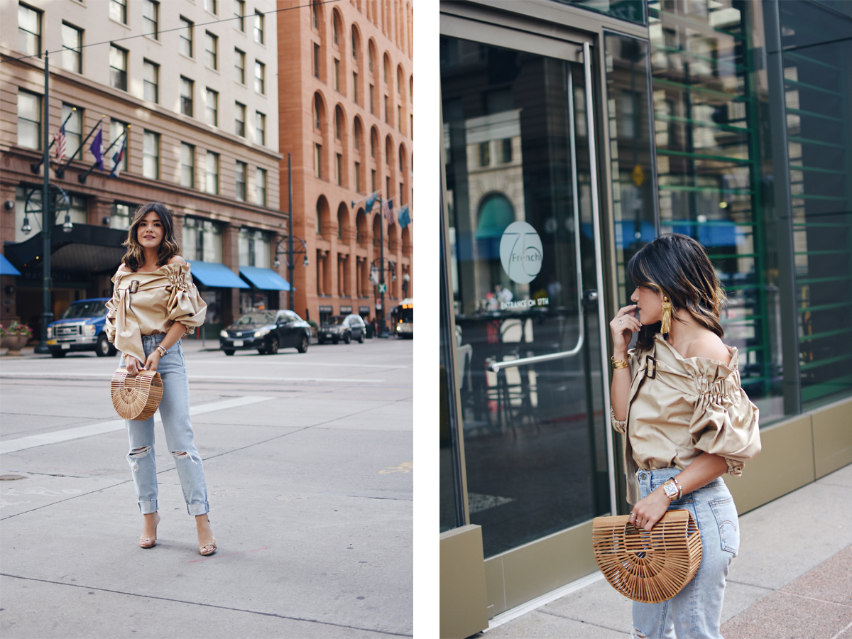 Carolina Hellal of Chic Talk wearing a Style Mafia beige belted top, 501 levis , cultagaia ark bag and steve madden strap sandals - BEIGE BELTED BLOUSE style by popular Denver fashion blogger Chic Talk