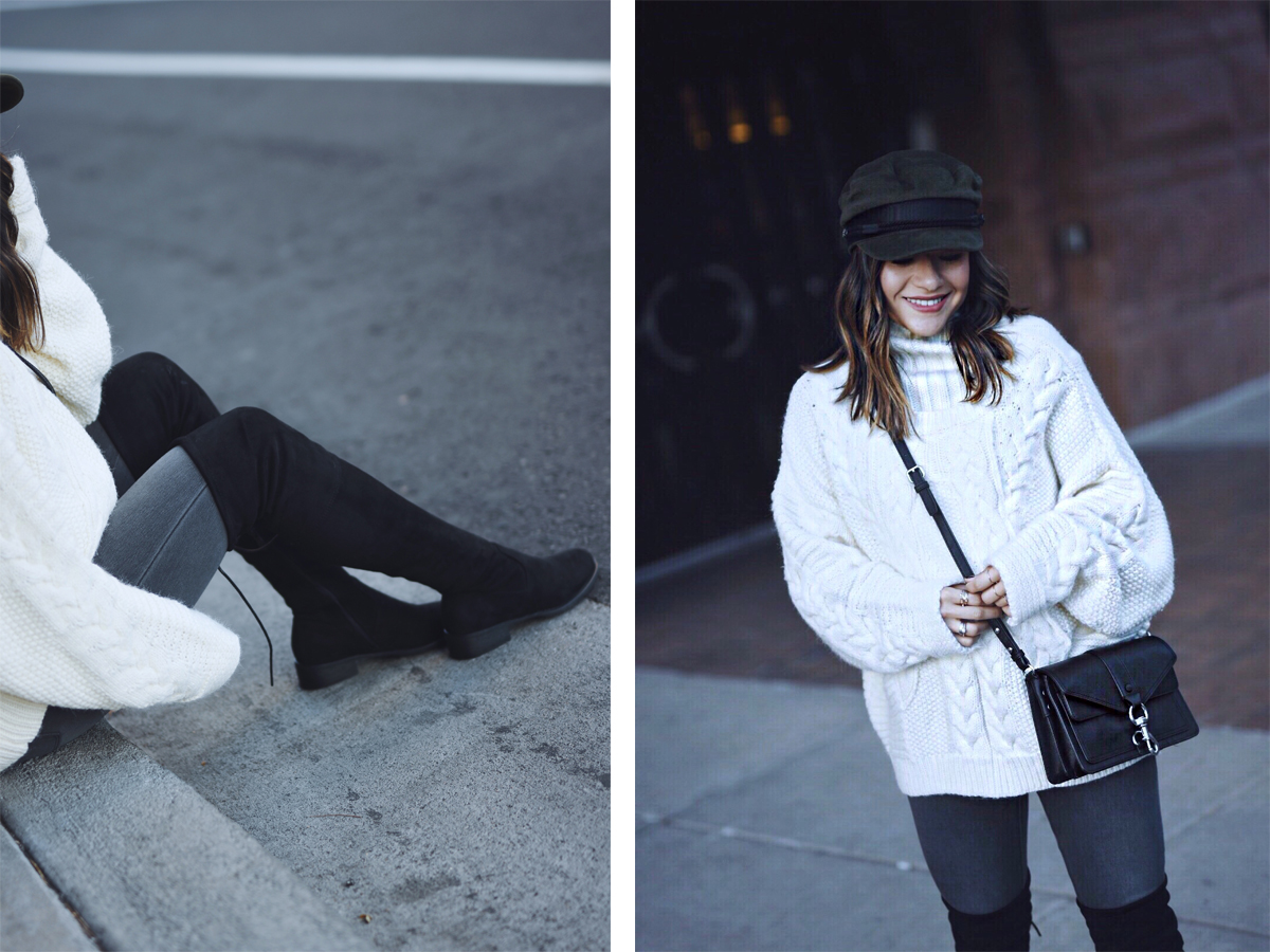 Carolina Hellal of Chic Talk wearing a knit sweater, AG Jeans, public desire boots and asos hat - BEST KNIT SWEATERS UNDER $100 by popular Denver fashion blogger Chic Talk
