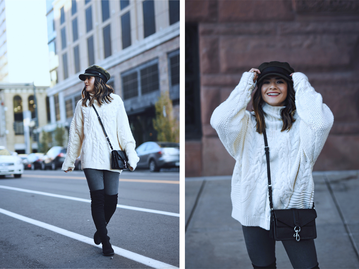 Carolina Hellal of Chic Talk wearing a knit sweater, AG Jeans, public desire boots and asos hat - BEST KNIT SWEATERS UNDER $100 by popular Denver fashion blogger Chic Talk