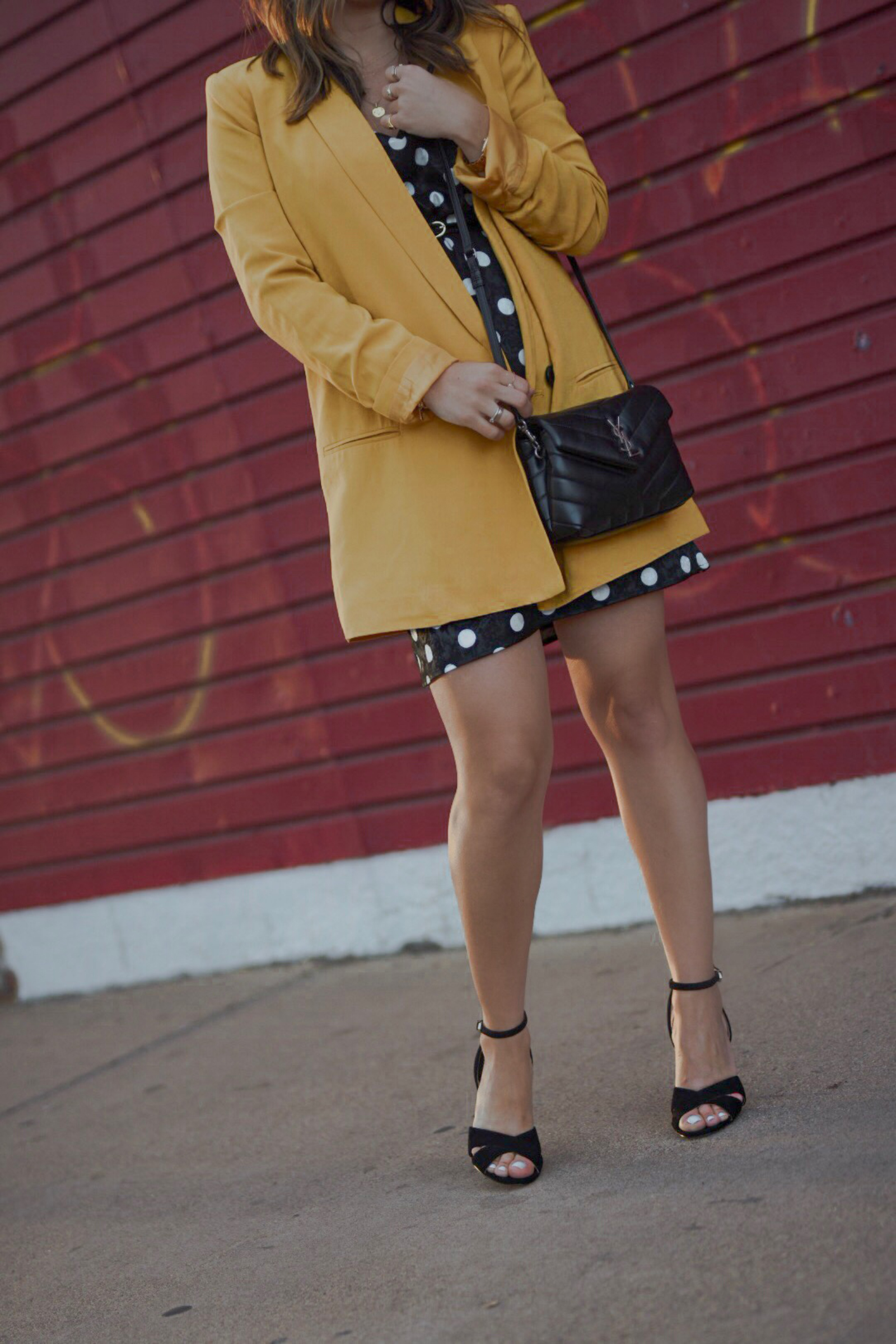 Carolina Hellal of Chic Talk wearing a Topshop polka dot dress, Mural yellow blazer, Sam Edelman sandals and YSL crossbody bag - Spring polka dot dress by popular Denver fashion blogger Chic Talk