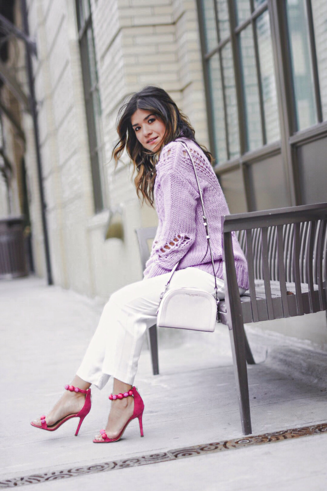 Carolina Hellal of Chic Talk wearing a lavander sweater, white pants, Sam Edelman pink high heels and baby pink Marc Jacobs bag. - SPRING COLOR CHECKLIST: LAVENDER FEVER by popular Denver fashion blogger Chic Talk
