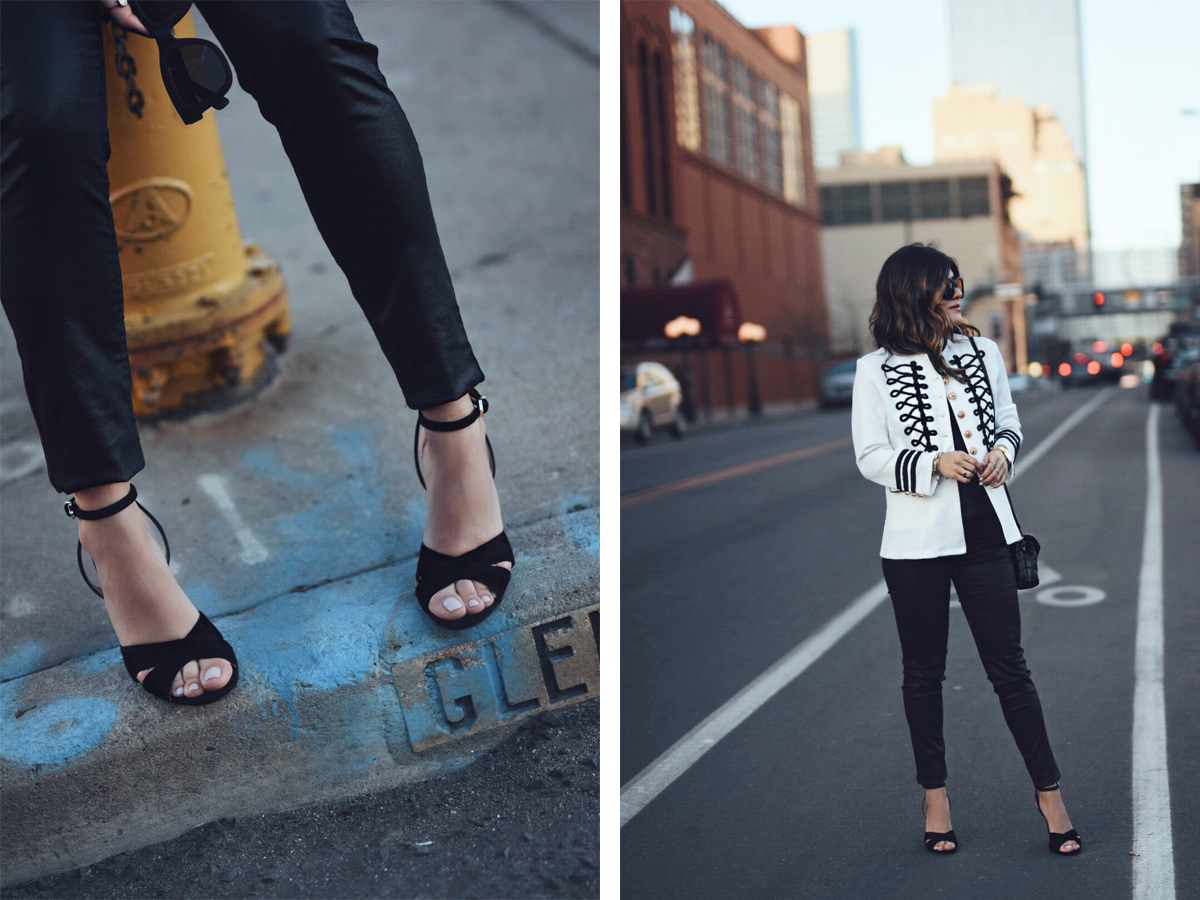 Carolina Hellal wearing a white military jacket, faux leather black tank top, YSL crossbody bag, quay sunglasses and Sam Edelman sandals - STYLING A WHITE MILITARY JACKET by popular Denver fashion blogger Chic Talk