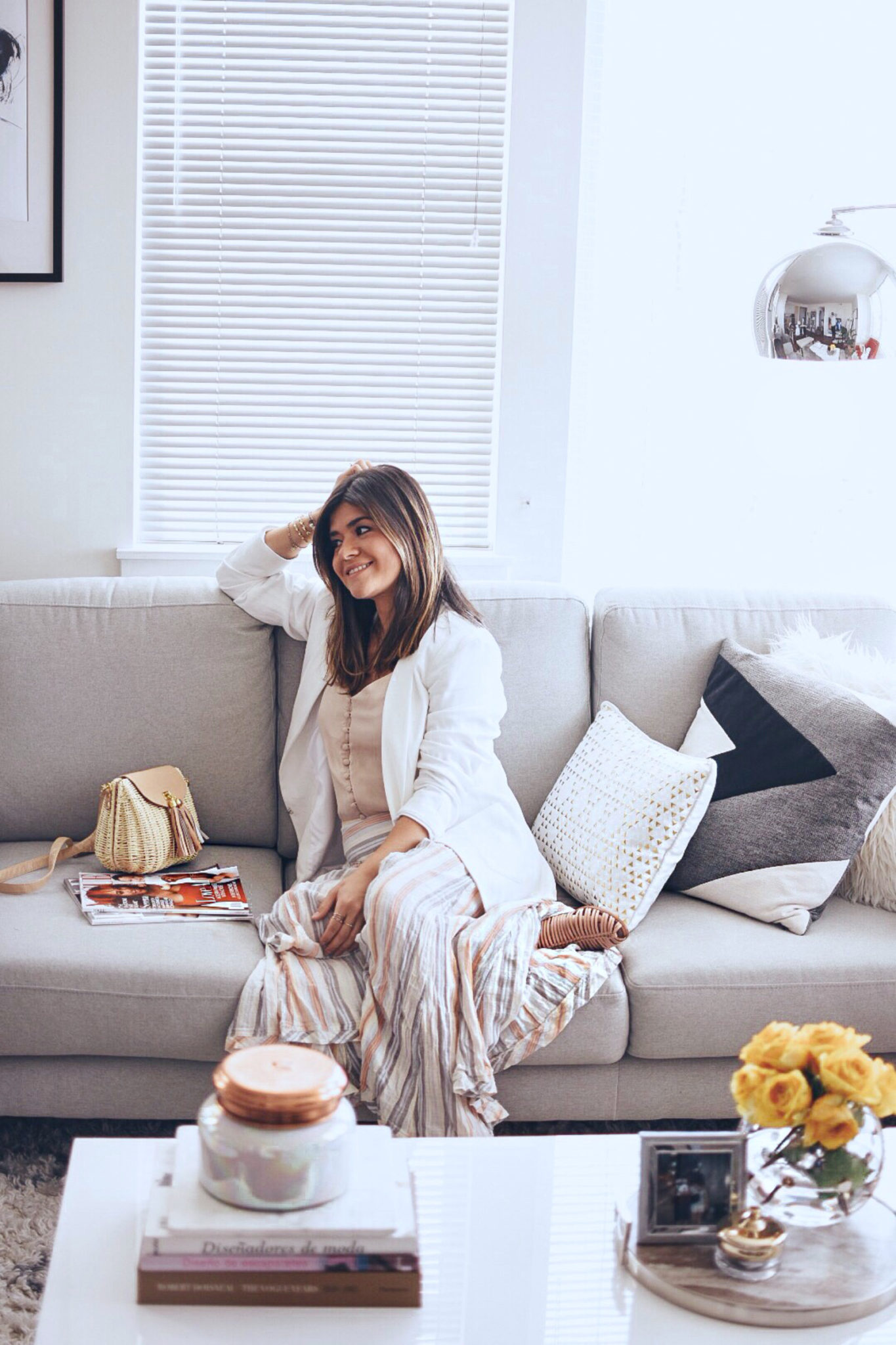 Carolina Hellal of Chic Talk highlighting spring trends 2018 while wearing free people pants, Thacker white blazer, Cecelia New York blush mules. - SPRING TRENDS 2018 by popular Denver fashion blogger Chic Talk