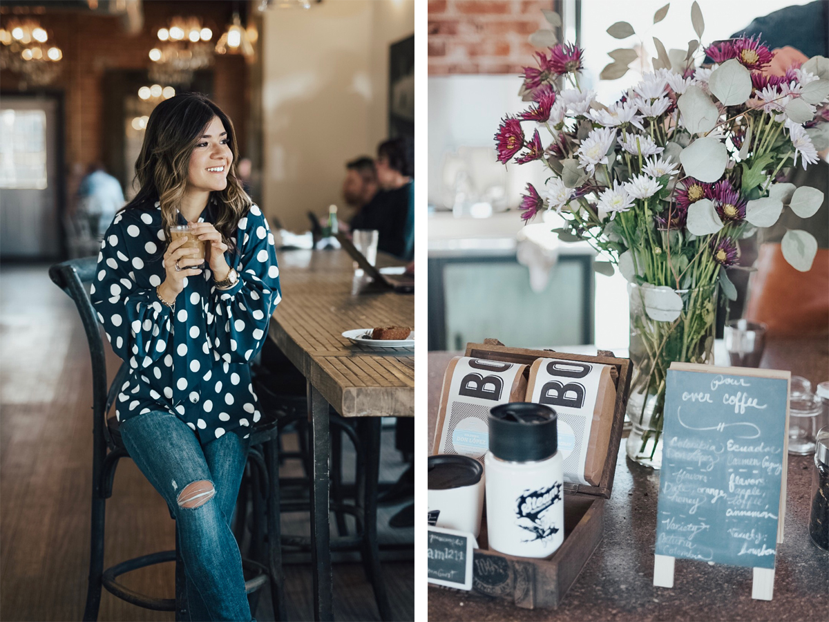 Carolina Hellal from Chic Talk wearing a polka dot blouse and jeans while enjoying an iced-coffee at Steam Espresso Bar - STEAM ESPRESSO BAR DENVER by popular Denver blogger Chic Talk
