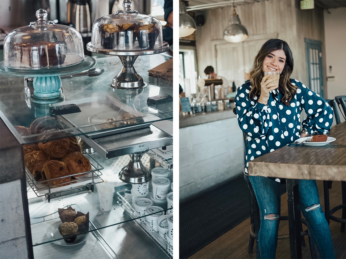 Carolina Hellal from Chic Talk wearing a polka dot blouse and jeans while enjoying an iced-coffee at Steam Espresso Bar - STEAM ESPRESSO BAR DENVER by popular Denver blogger Chic Talk