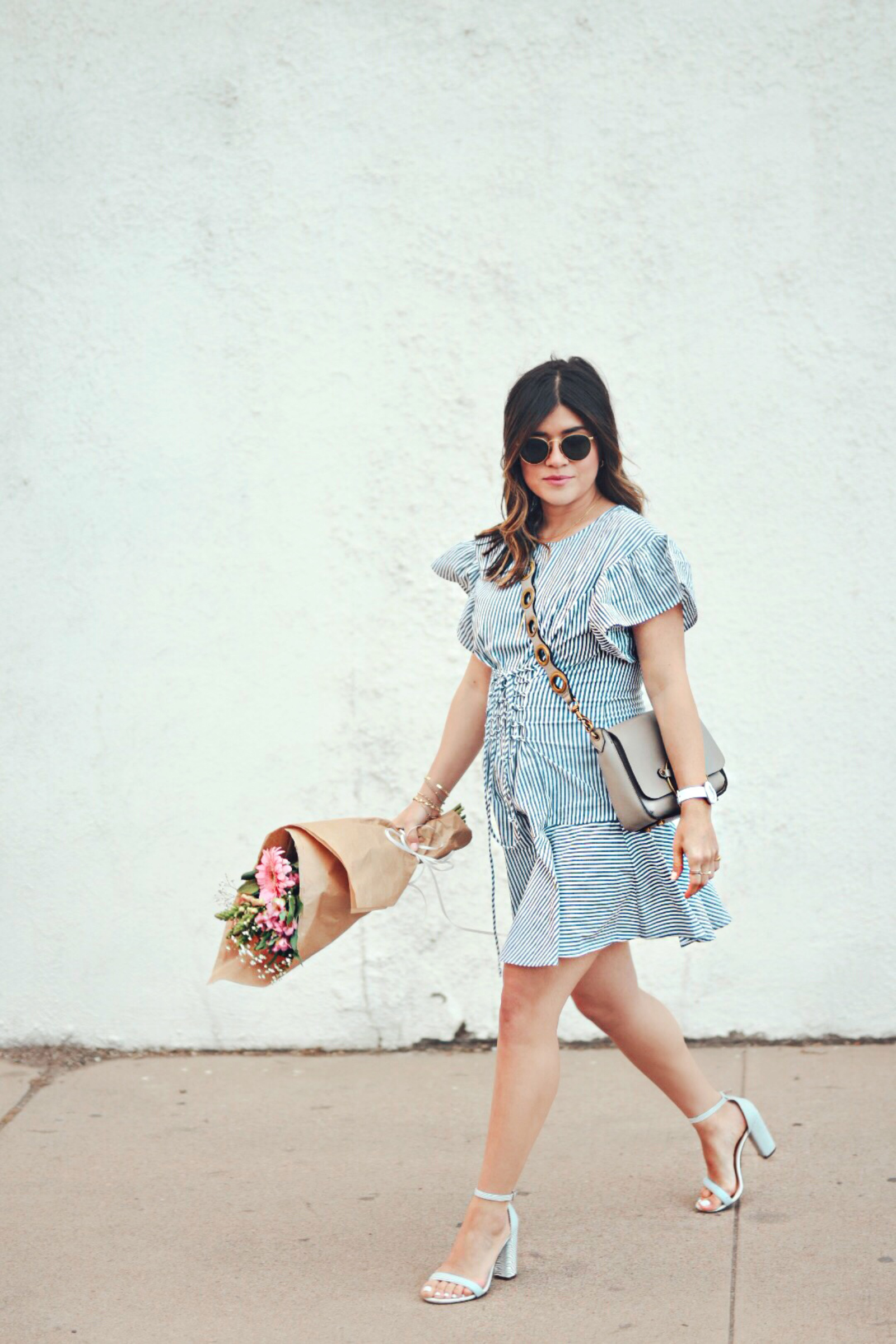 Carolina Hellal of Chic Talk wearing a spring striped dress via WAYPR, Rebecca Minkoff bag, Rayban sunglasses and Chinese Laundry sandals - SPRING STRIPED DRESSES TO SHOP RIGHT NOW by popular Philadelphia style blogger Chic Talk