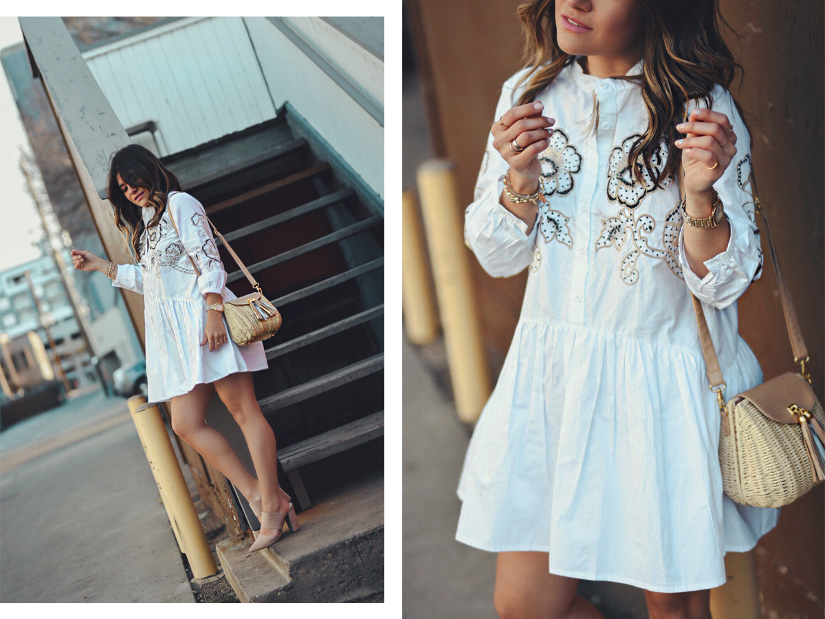 Carolina Hellal of Chic Talk wearing a Chicwish babydoll dress, Woven bag and Nude mules - BABYDOLL DRESS styled by popular Denver fashion blogger, Chic Talk