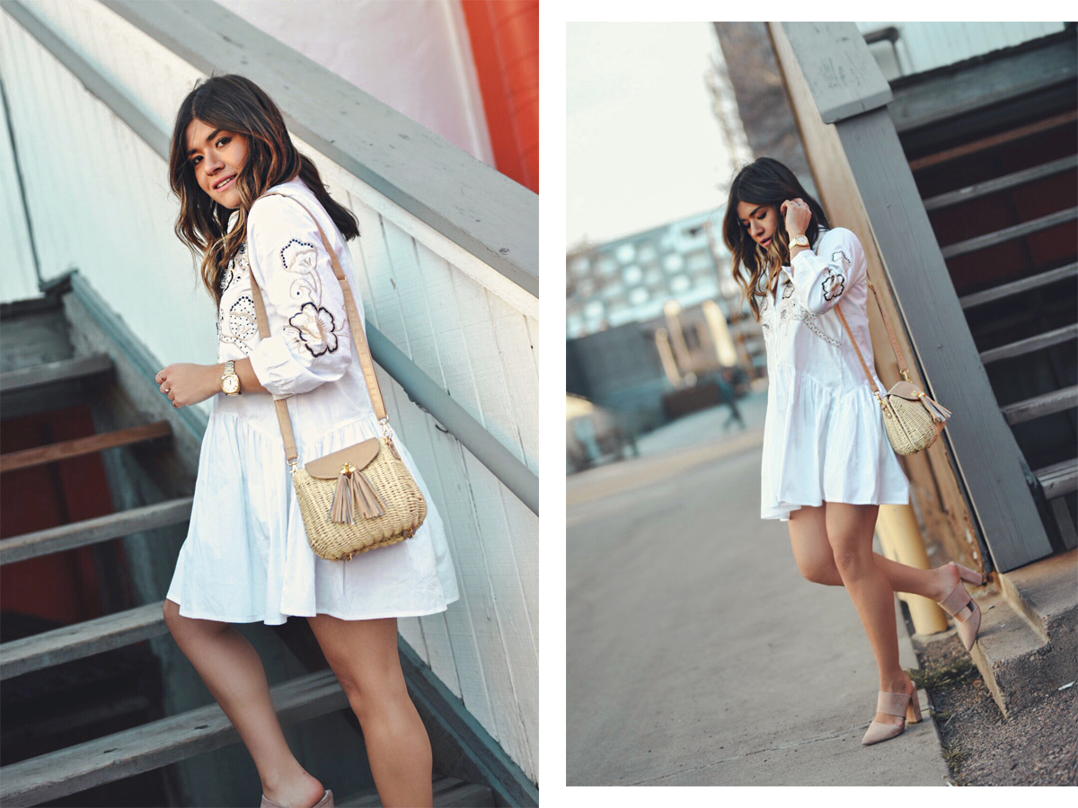 Carolina Hellal of Chic Talk wearing a Chicwish babydoll dress, Woven bag and Nude mules - BABYDOLL DRESS styled by popular Denver fashion blogger, Chic Talk