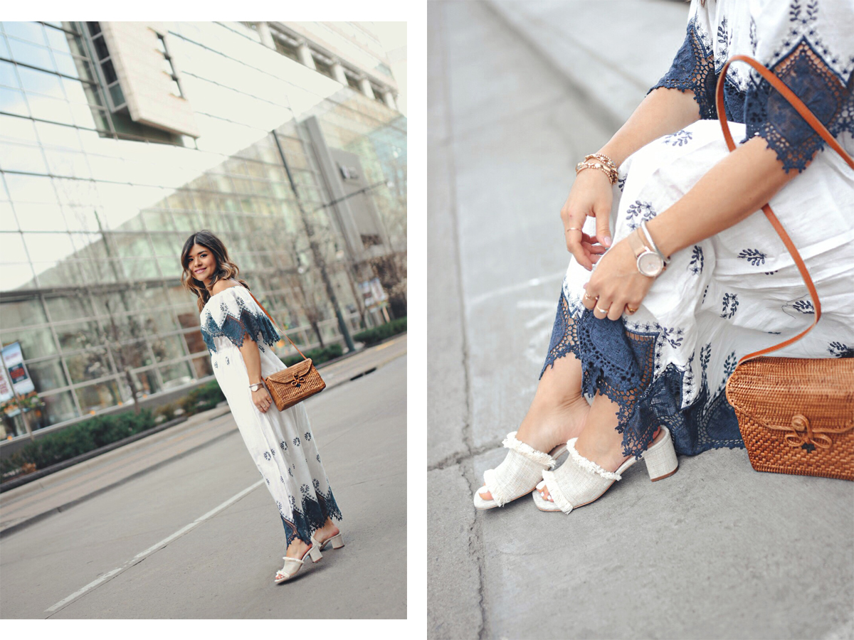 Carolina Hellal wearing a Chicwish maxi dress, woven bag and beige slides - STATEMENT DRESSES featured by popular Denver fashion blogger, Chic Talk