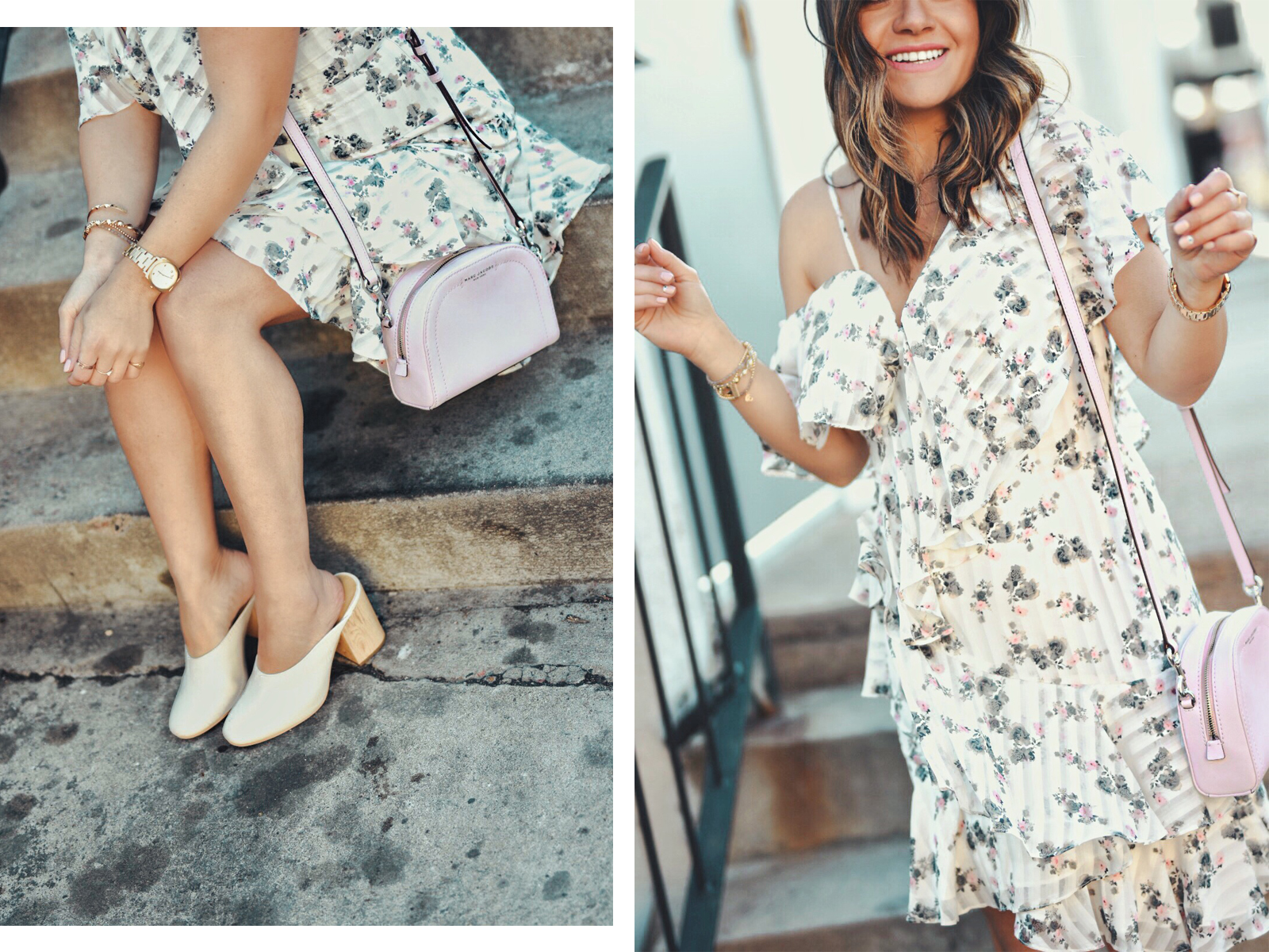 Carolina Hellal of Chic Talk sytling a floral dress via Nordstrom, Dolce Vita white mules, baby pink Marc Jacobs bag and watch and Bauble Bar gold necklace. - THE FLIRTY FLORAL DRESS styled by Denver fashion blogger Chic Talk