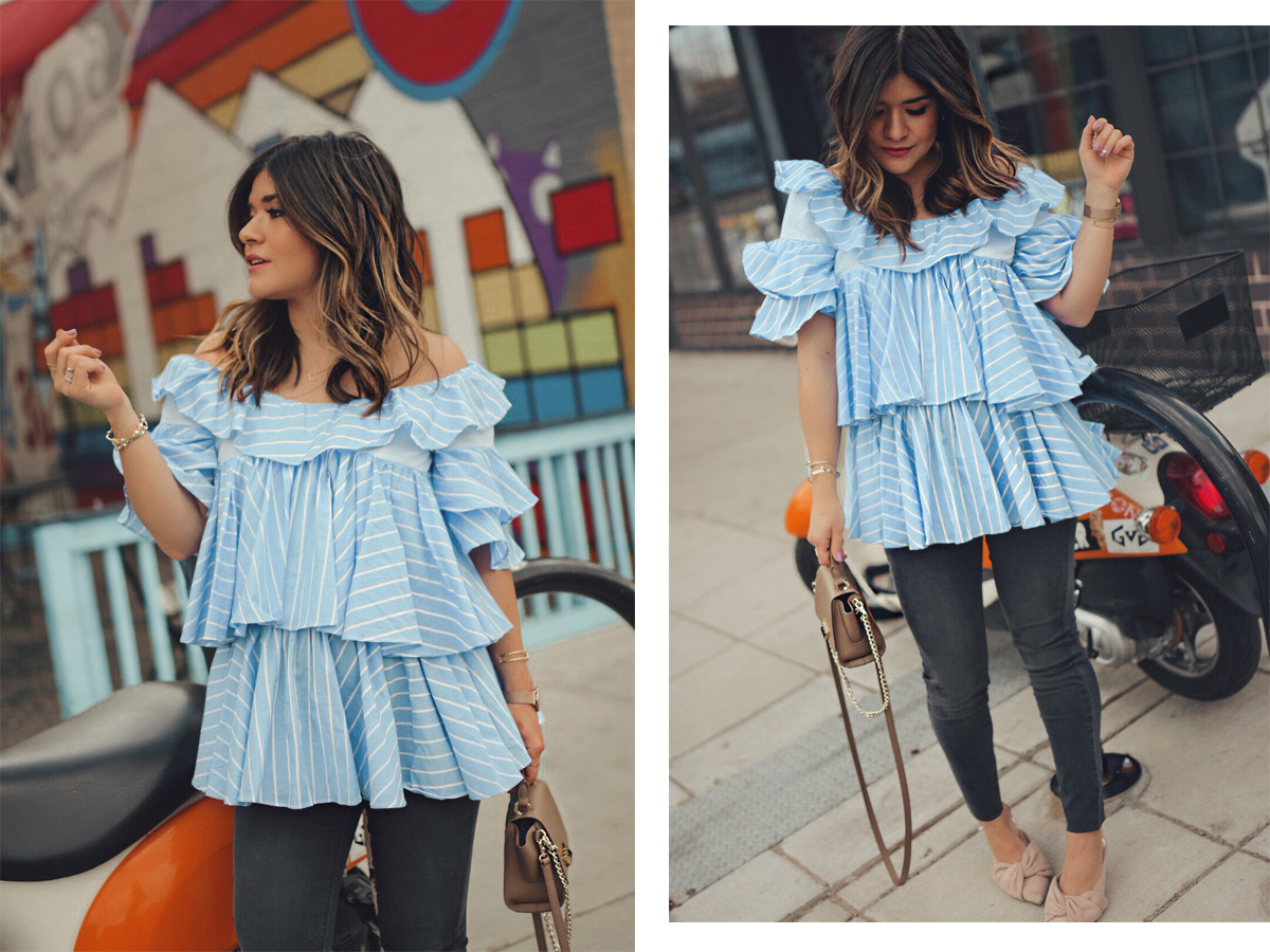 Carolina Hellal of Chic Talk wearing a Chicwish striped off the shoulder top, H&M maternity jeans, Zac Posen bag and Sam Edelman slides