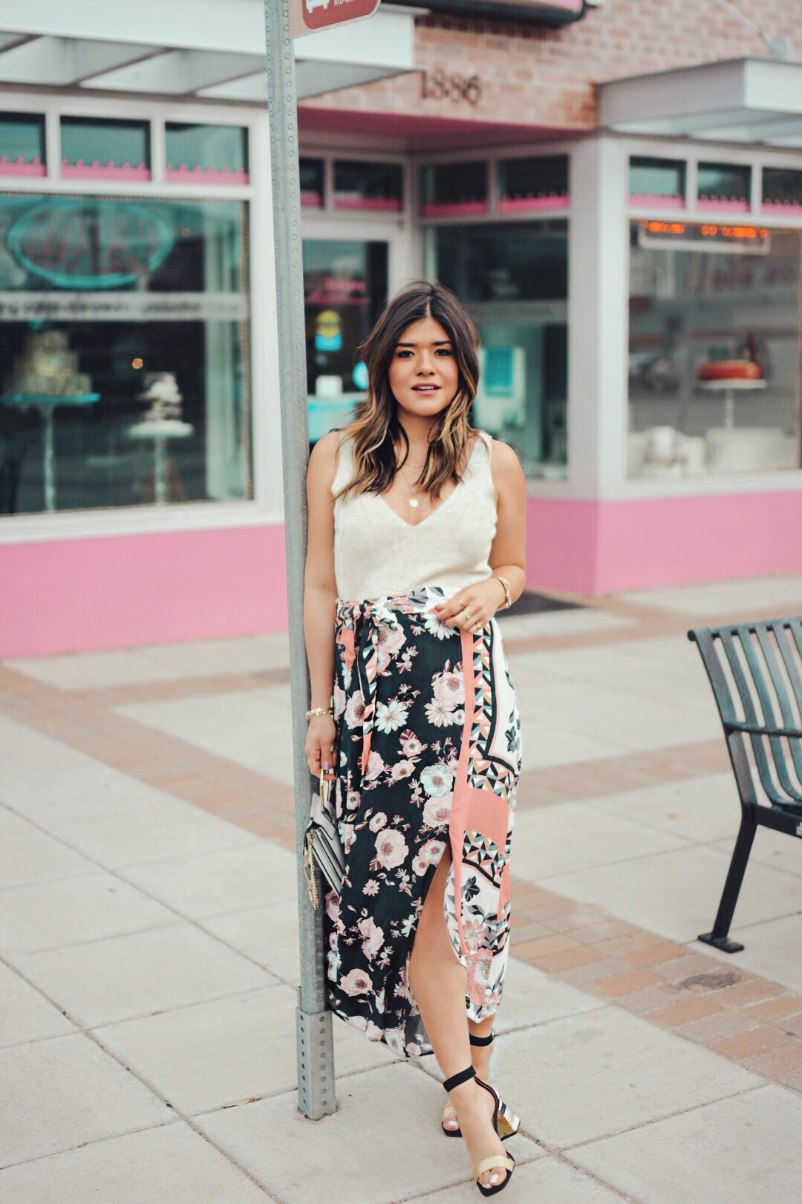 Carolina Hellal of Chic Talk wearing a River Island top, skirt and sandals and a Chloe ring bag - THE ULTIMATE SPRING SHOPPING GUIDE by popular Denver fashion blogger, Chic Talk