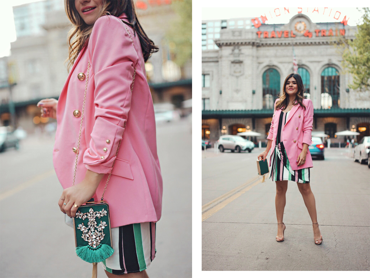 Carolina Hellal of Chic Talk wearing a River Island prink blazer, striped dress and green embellished clutch - THE ULTIMATE SPRING SHOPPING GUIDE by popular Denver fashion blogger, Chic Talk
