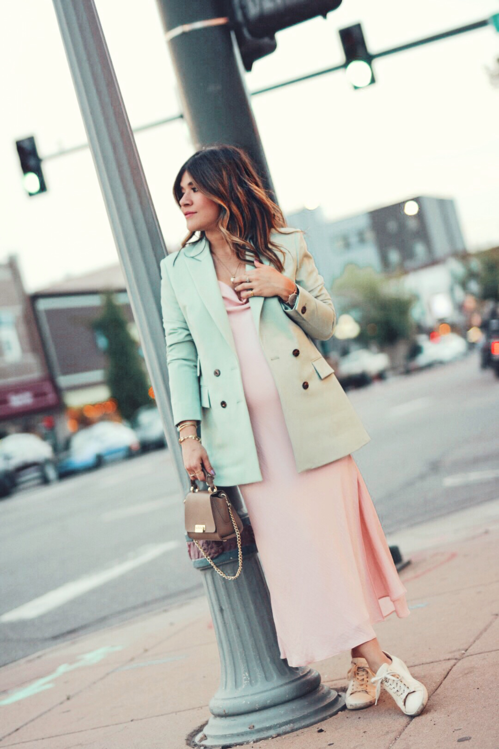 Carolina Hellal of Chic Talk wearing a Topshop light green blazer, Topshop pink slip dress, Sezane sneakers and Zac Posen crossbody bag