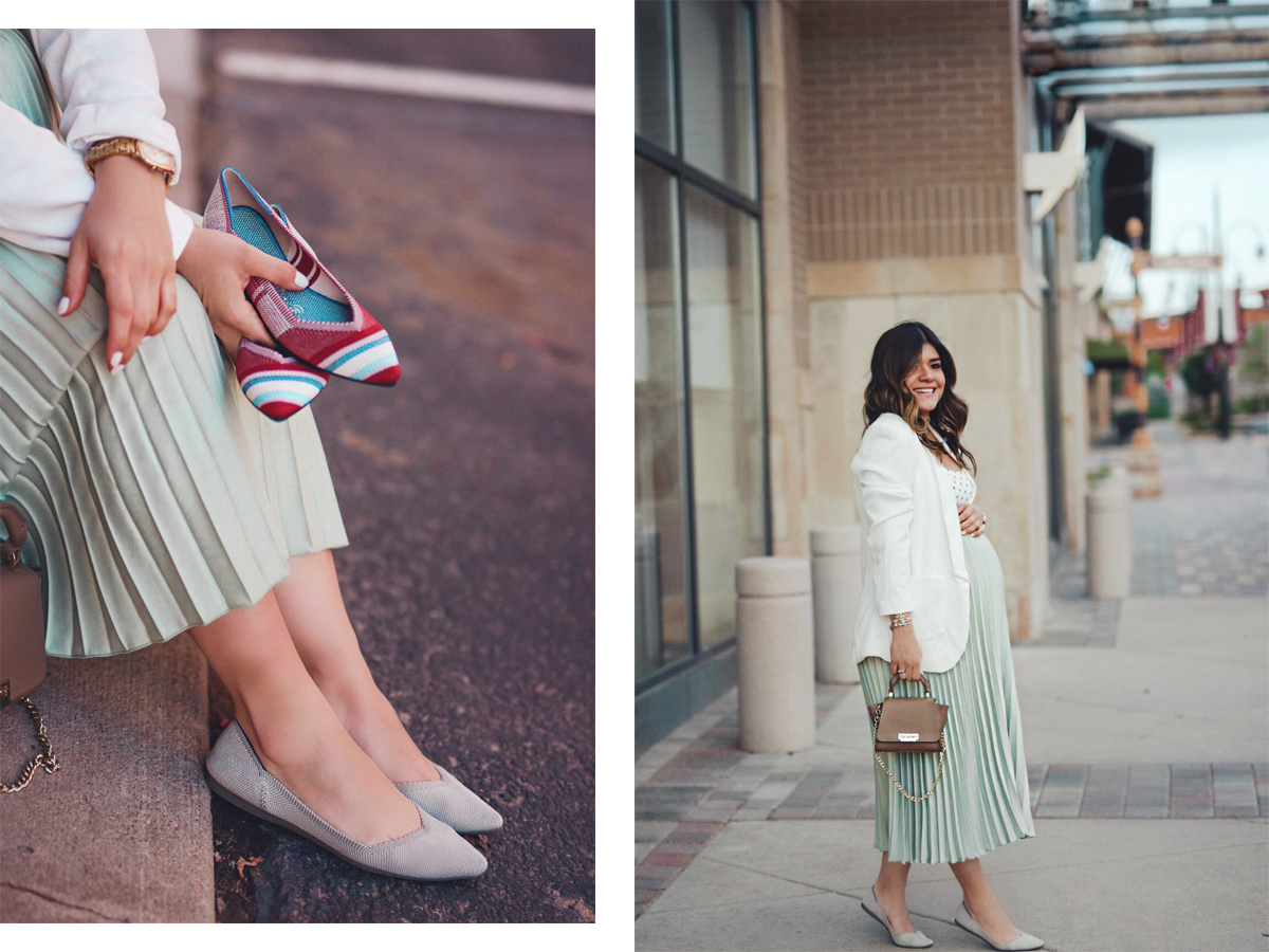 Carolina Hellal of Chic Talk wearing Rothy's flats, H&M pleated skirt, Zara polka dot top and Zac Posen mini bag.