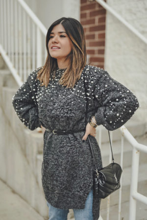 How to style a sweater dress with jeans 