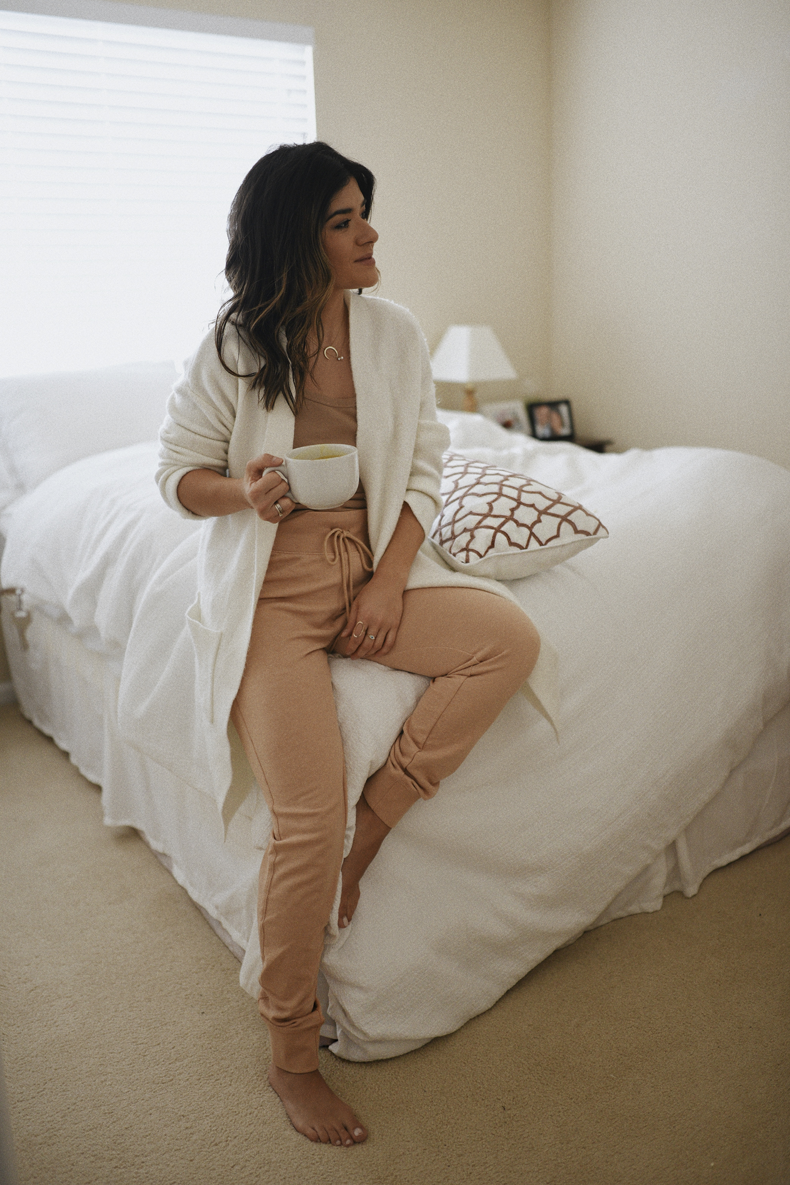 Carolina Hellal of Chic Talk wearing a Time and Tru knit cardginan, H&M ribbed tank top and joggers and Harper wilde bralette.