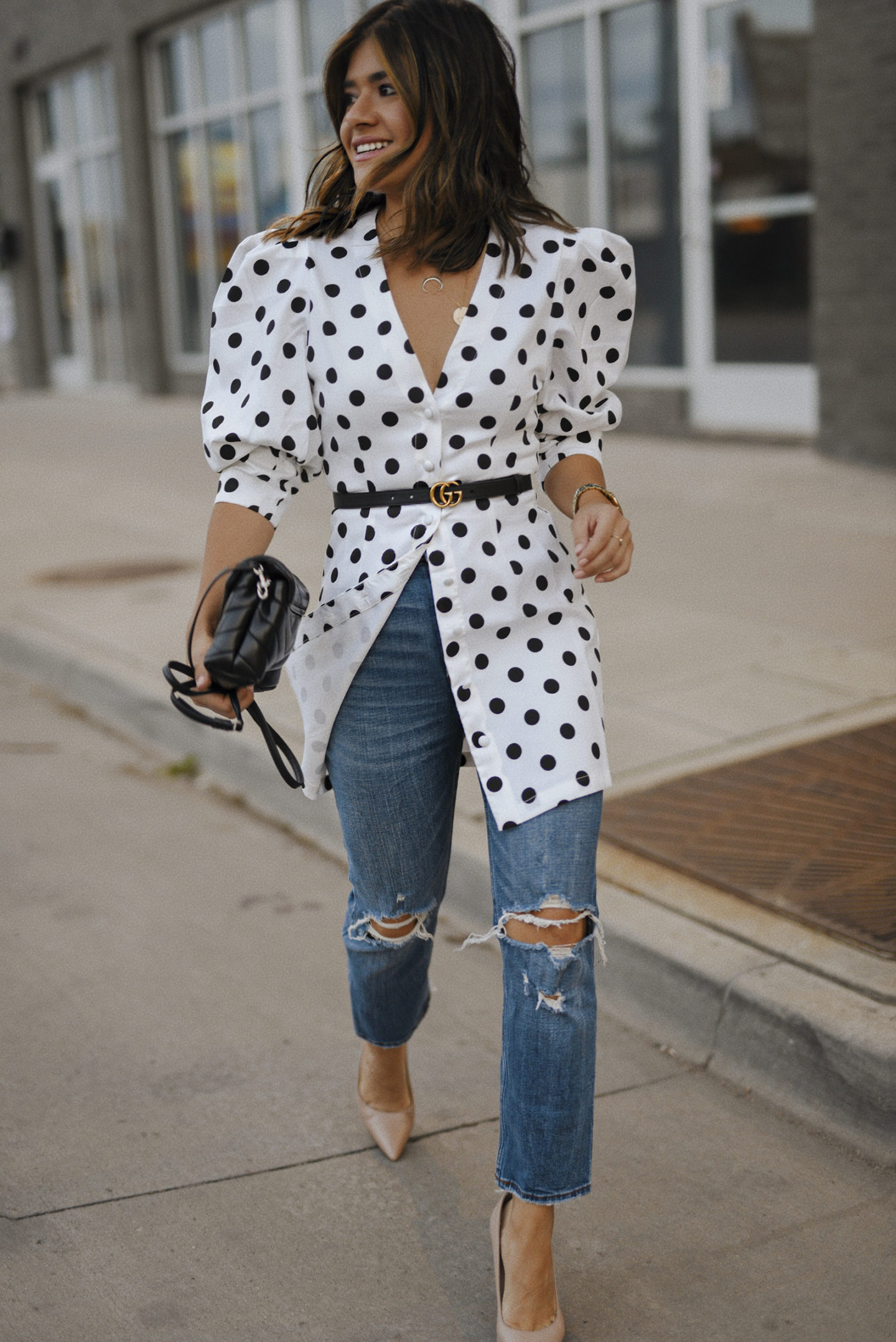 polka dot top with jeans