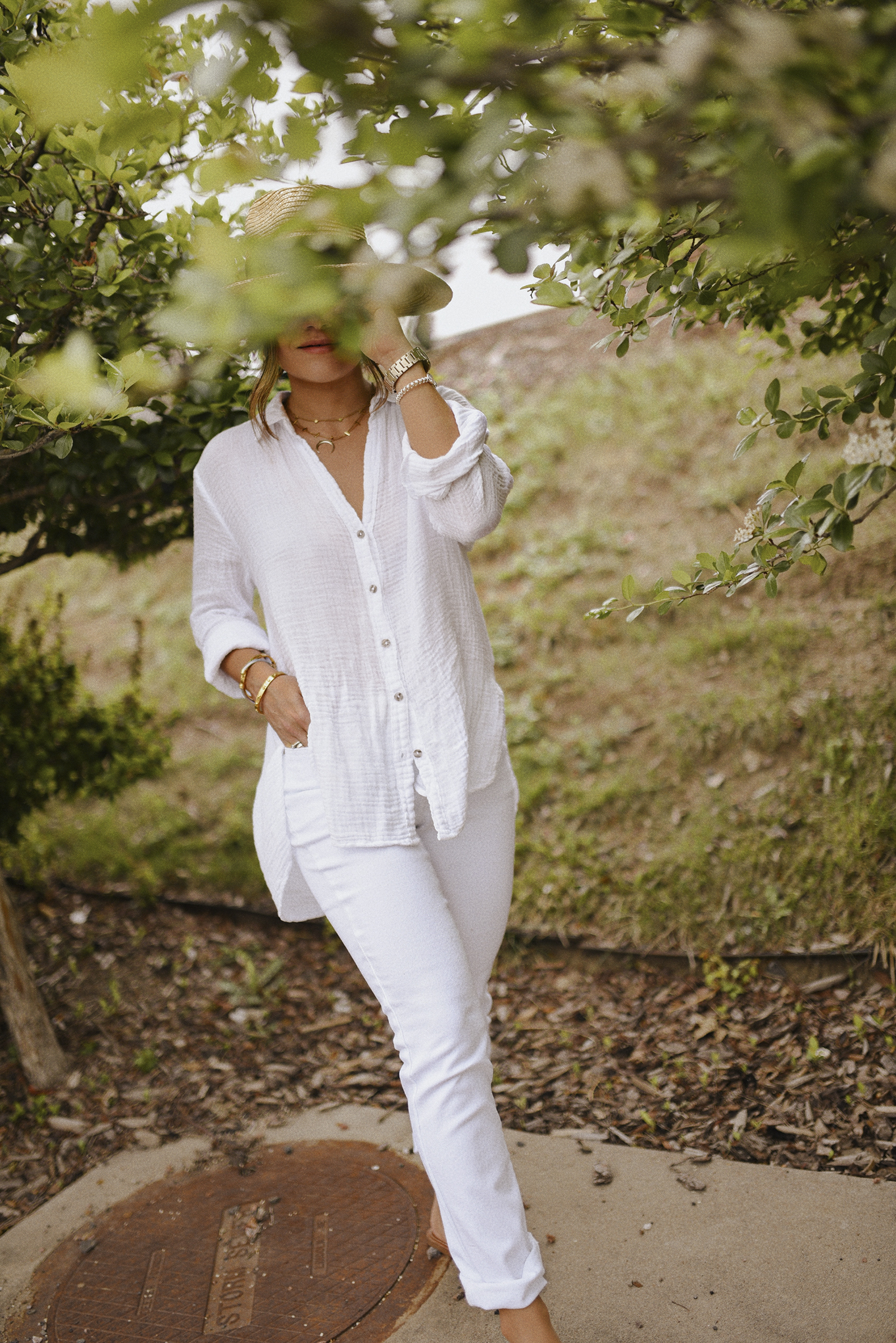 Weekend Outfit Idea: White Button-Down Shirt, Tan Pants, and Strappy Flat  Sandals
