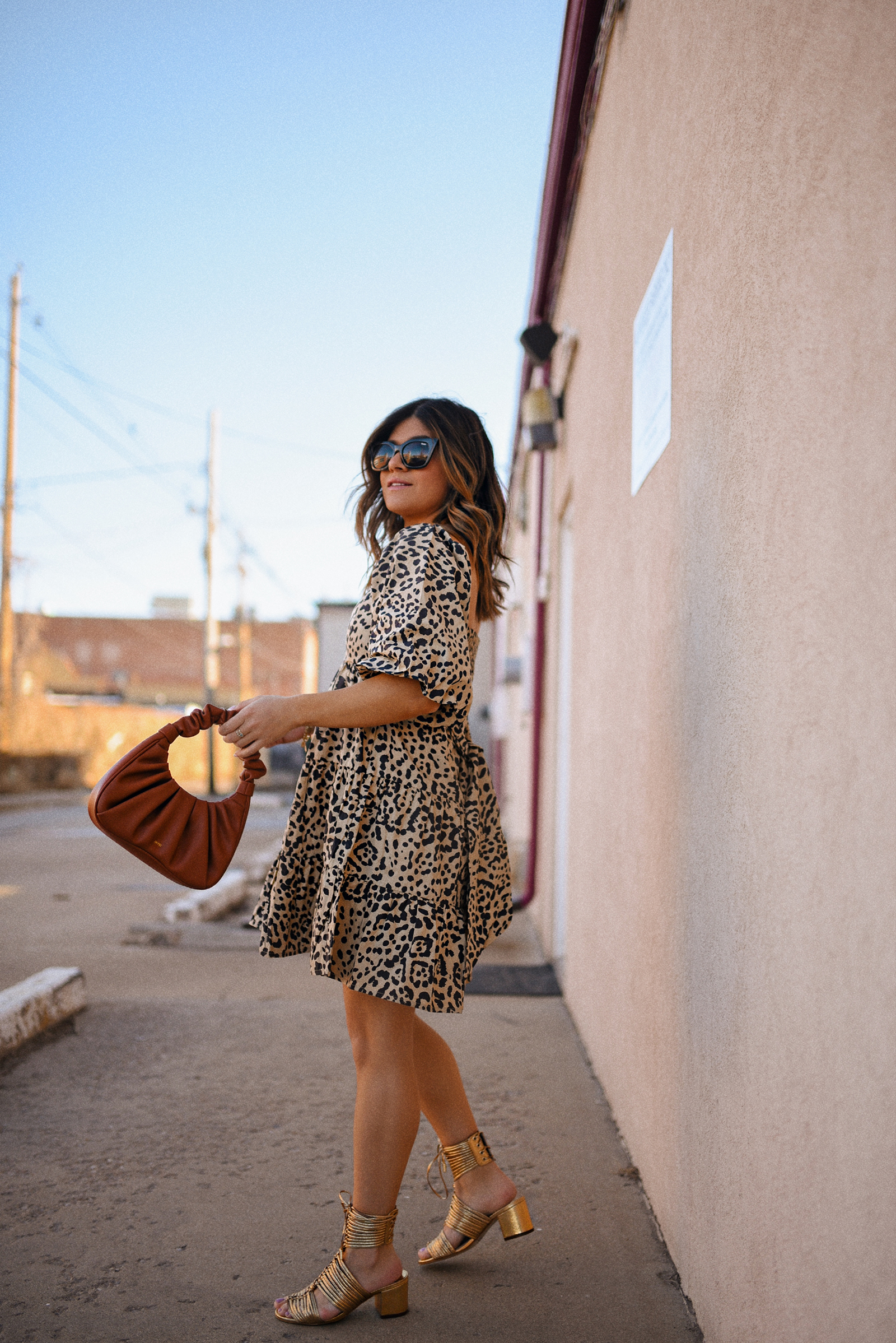 Carolina Hellal of Chic Talk wearing a Cheetah print dress via Anthropologie, Cecelia New York gold sandals, Quay eye cat sunglasses and JW Pei brown bag. 