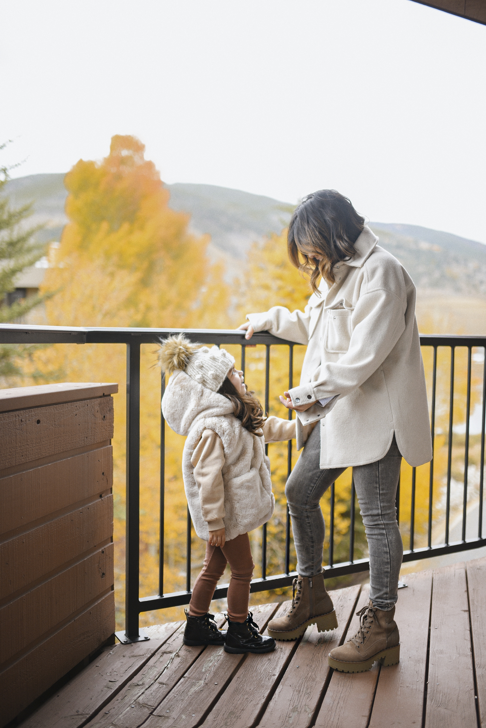 Carolina Hellal of Chic Talk and her daughter Sofia wearing fall outfits at Dillon, CO. 