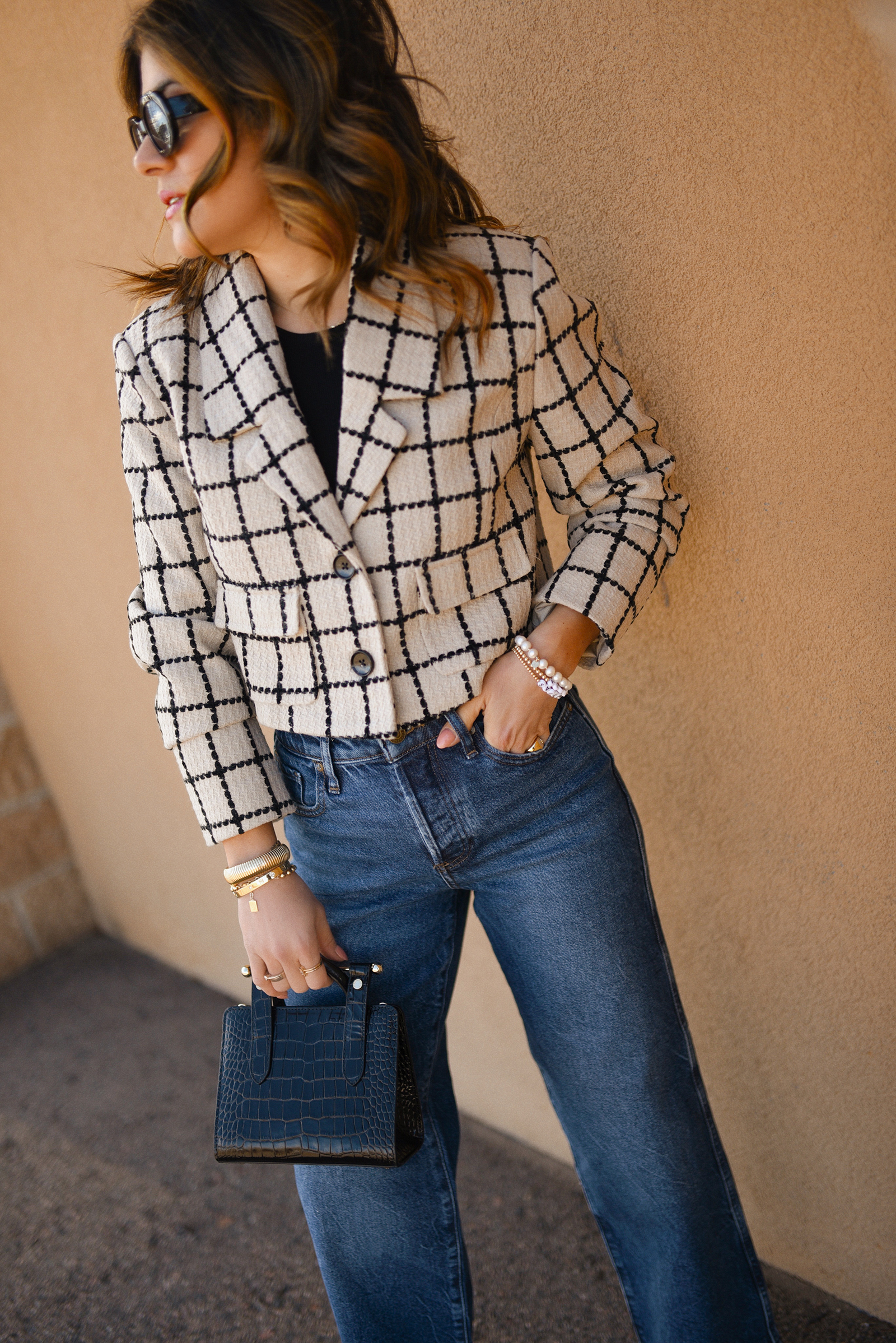 Carolina Hellal of Chic Talk wearing a plaid cropped blazer via Shopbop, Express jeans, Strathberry Leather Tote and Celine sunglasses